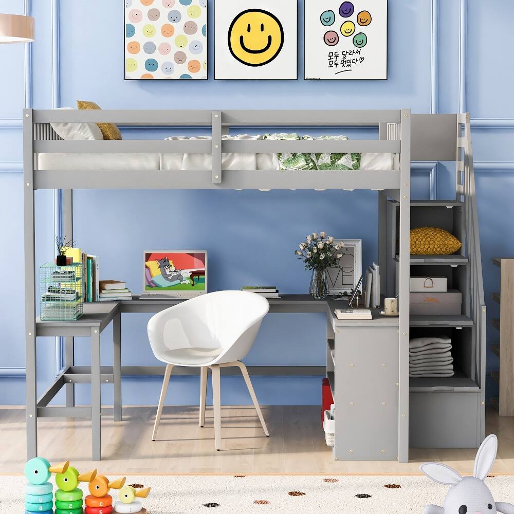 Angle. Loheer - Loheer Full Size Loft Bed with Desk, Gray Loft Bed with Storage Stairs and Shelves, Pine Wood - Gray.