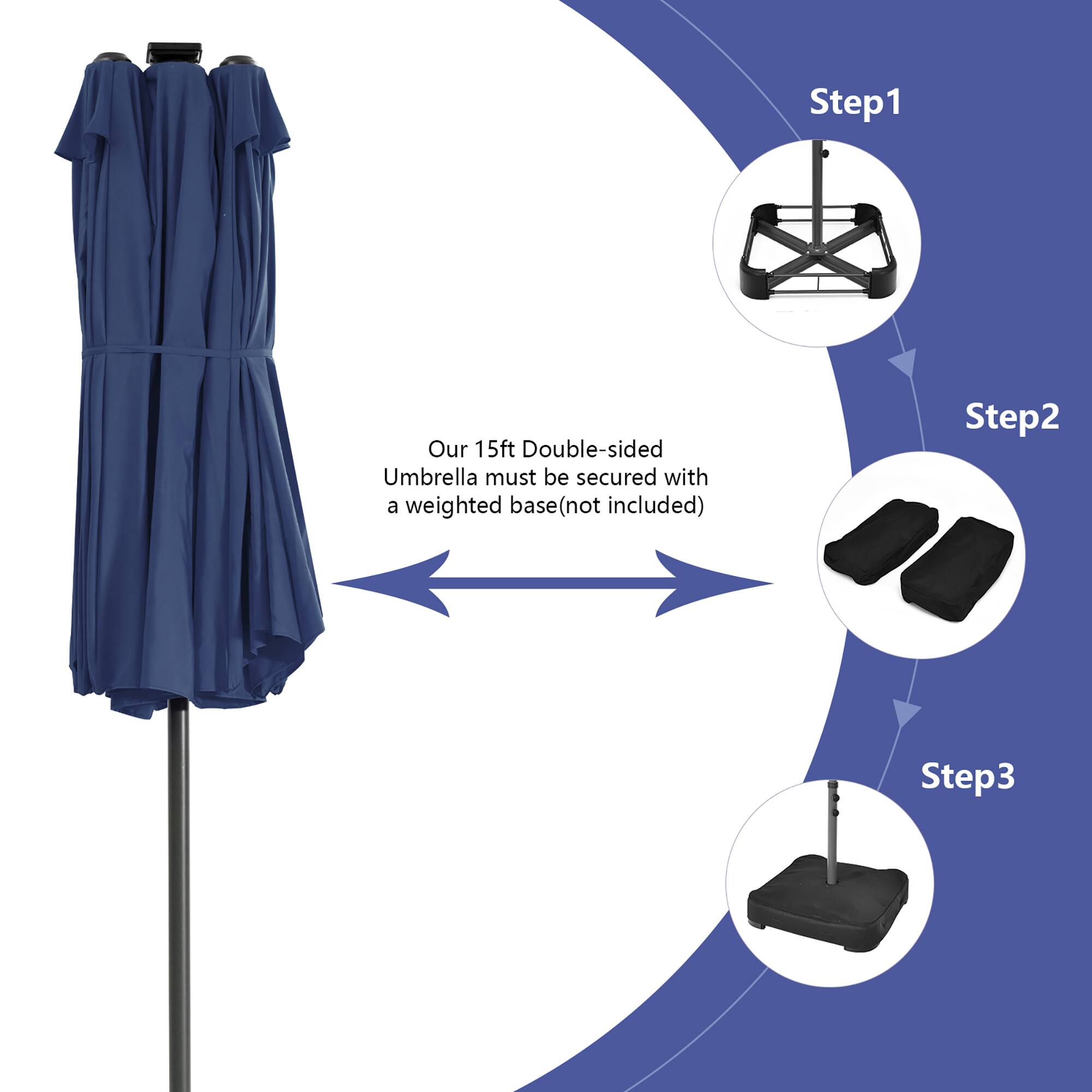 Step 1: Our 15ft Double-sided Umbrella must be secured with a weighted base (not included)  
Step 2:  
Step 3: