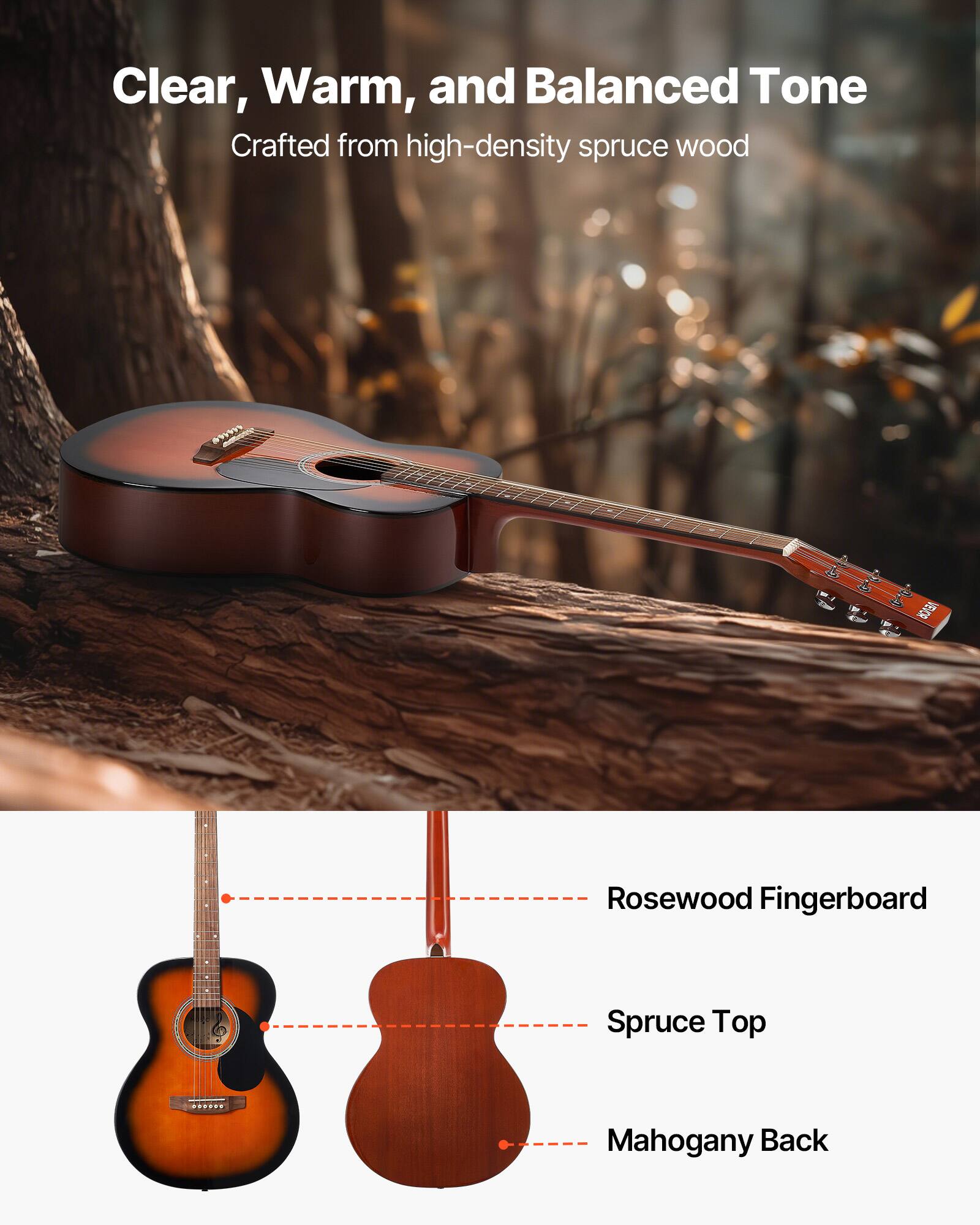 Clear, Warm, and Balanced Tone  
Crafted from high-density spruce wood  

- Rosewood Fingerboard  
- Spruce Top  
- Mahogany Back