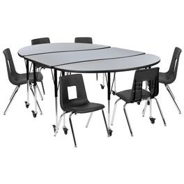 Flash Furniture - Emmy Mobile 86" Oval Wave Flexible Laminate Activity Table Set with 16" Student Stack Chairs, Grey/Black - Gray
