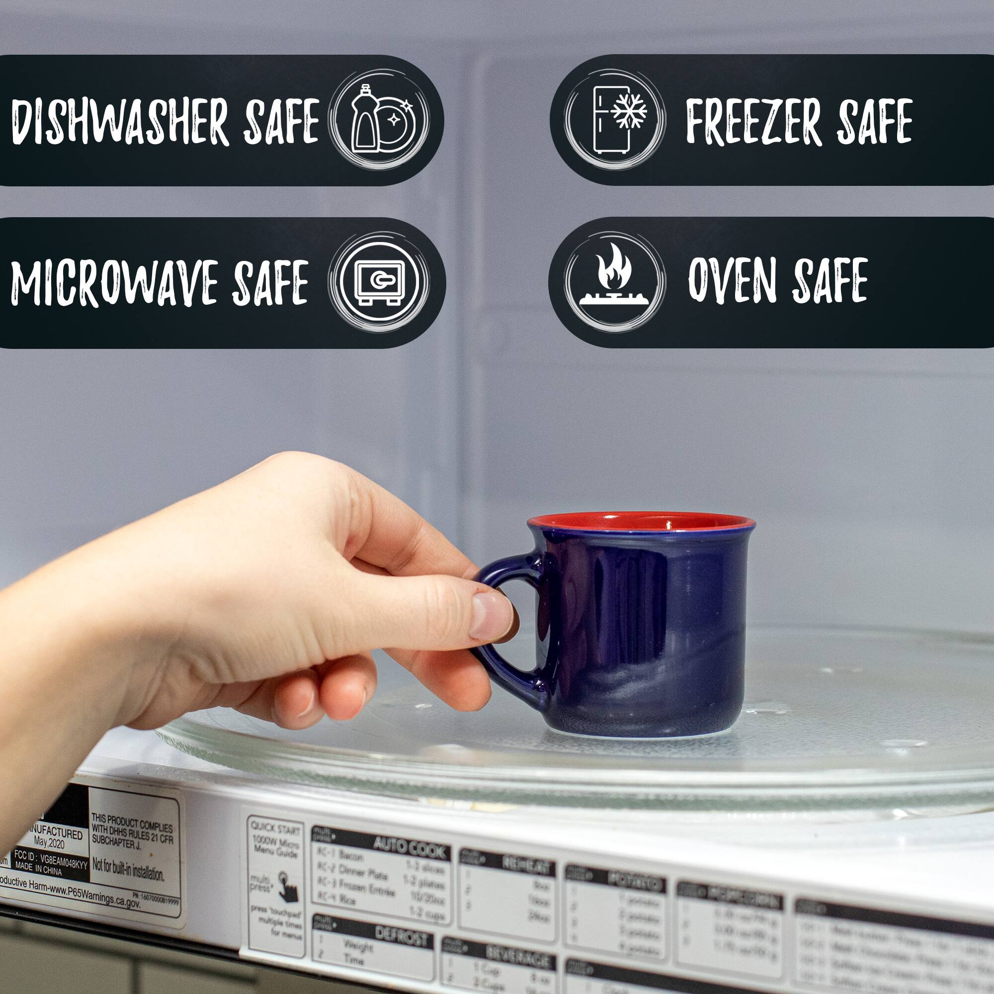 DISHWASHER SAFE  
MICROWAVE SAFE  
FREEZER SAFE  
OVEN SAFE  

THIS PRODUCT COMPLIES WITH DHHS RULES 28 CFR 1.3  
MANUFACTURED: May 2020  
SUBCHAPTER 1CC  
D NACK  
CHINA  
VOREAMABOTY  
Id b bull-e pduttive notalation.  
Har-wens PESIamingsca.rp  
- C QUICK START 100OW Mers AUTO Memu Gulde K-1 COOK nel K- Diener 1.3 mut Pata 12 press K-1 Foomen pi KA Erede W3m Rca E 12 Tourigar Sgs muligis -a le DEFROST - 1 Tieight Tie RHA a I BACE CN