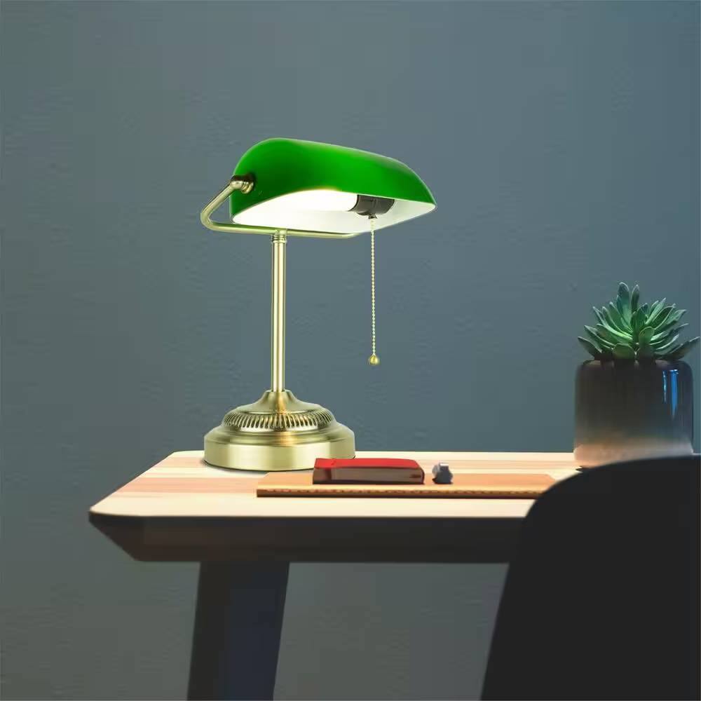 Angle. Hivvago - Classic Brass Bankers Lamp Desk Light Table Lamp with Green Glass Shade - Green, Brass.