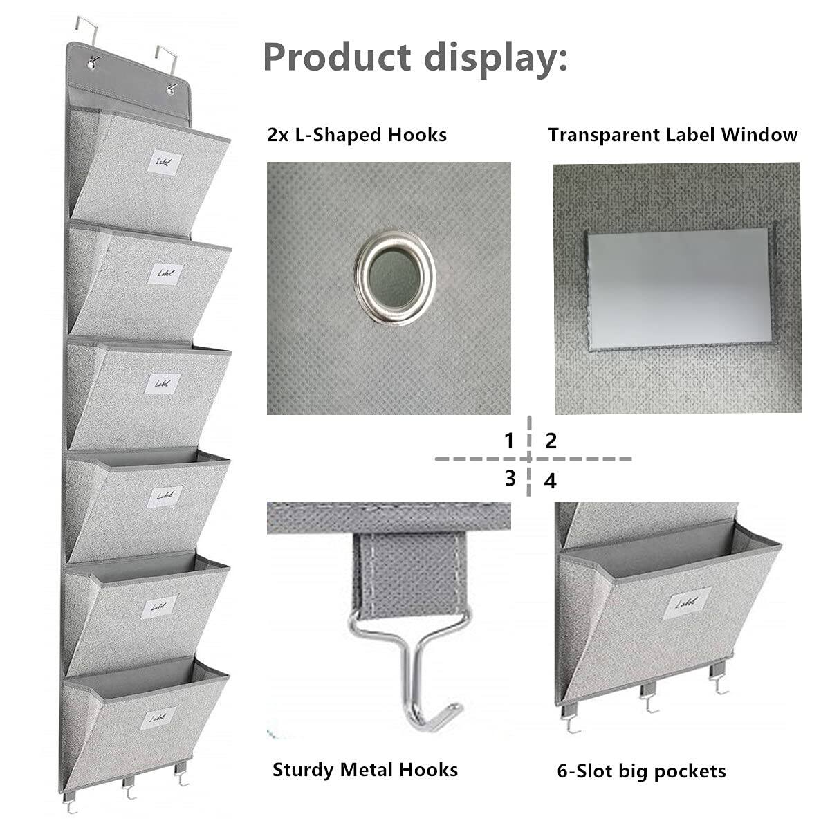 Product display:

- 2x L-Shaped Hooks
- Transparent Label Window
- Sturdy Metal Hooks
- 6-Slot big pockets
