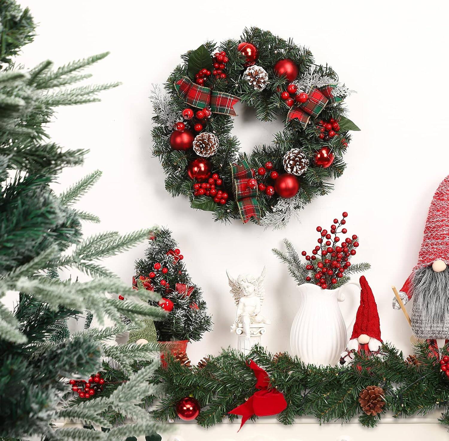 Alt View 2. Acekool - 18" Pre-Lit Christmas Wreath for Front Door, Artificial Pine with Red Berries, Pinecones, Ornaments & Festive Ribbon - Green.