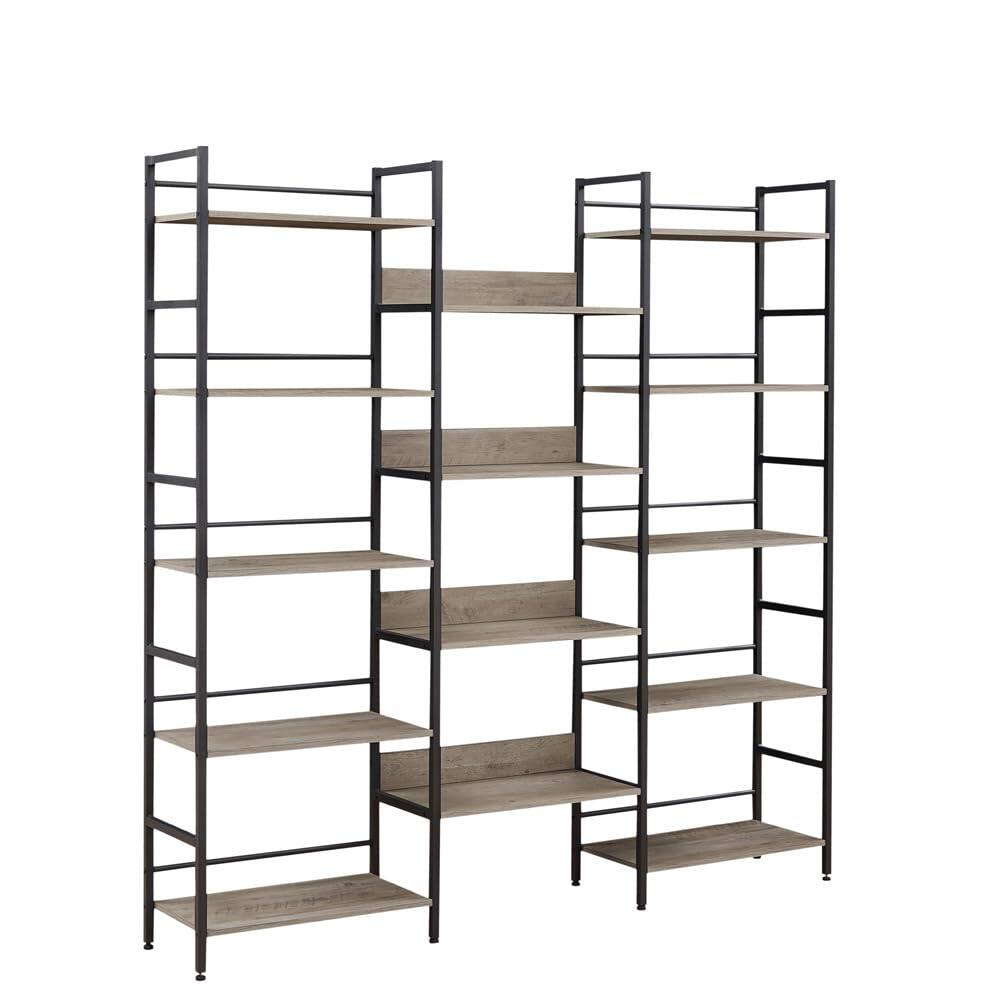 Back. Babevy - 5-Tier Large Bookshelf, Industrial Etagere Bookcase with Adjustable Shelves, Rustic Open Display Rack - Gray.