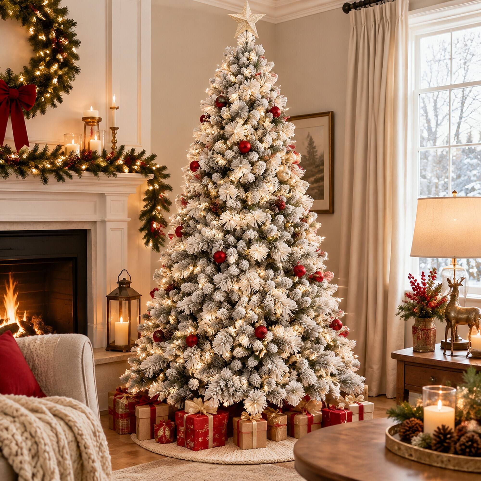 Left. RYHNUYNE - 7.5FT Flocked Christmas Tree, 1252 Snowy PVC Hard Needle Branches Hinged Design Easy Setup Stable Metal Stand - Green,White.