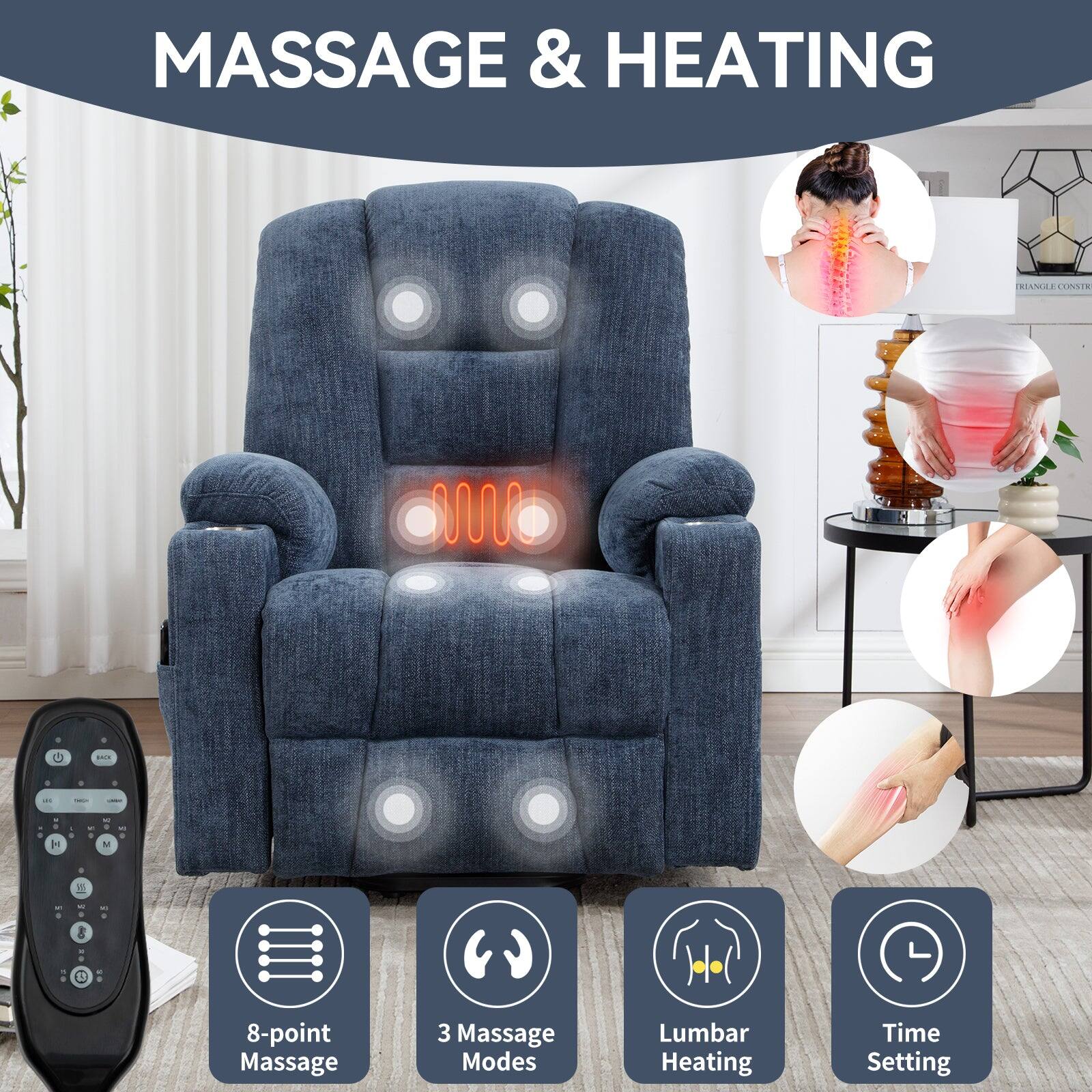 MASSAGE & HEATING

- 8-point Massage
- 3 Massage Modes
- Lumbar Heating
- Time Setting