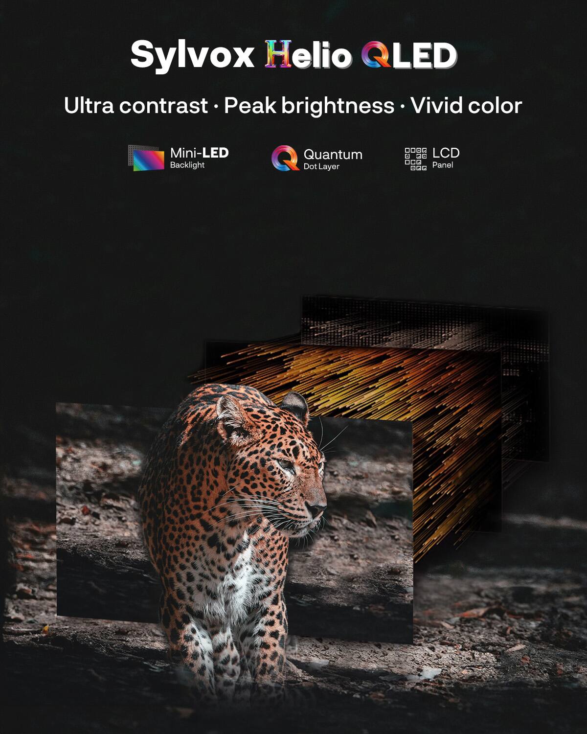 Sylvox Helio QLED  
Ultra contrast • Peak brightness • Vivid color  
Mini-LED Backlight  
Quantum Dot Layer  
LCD Panel