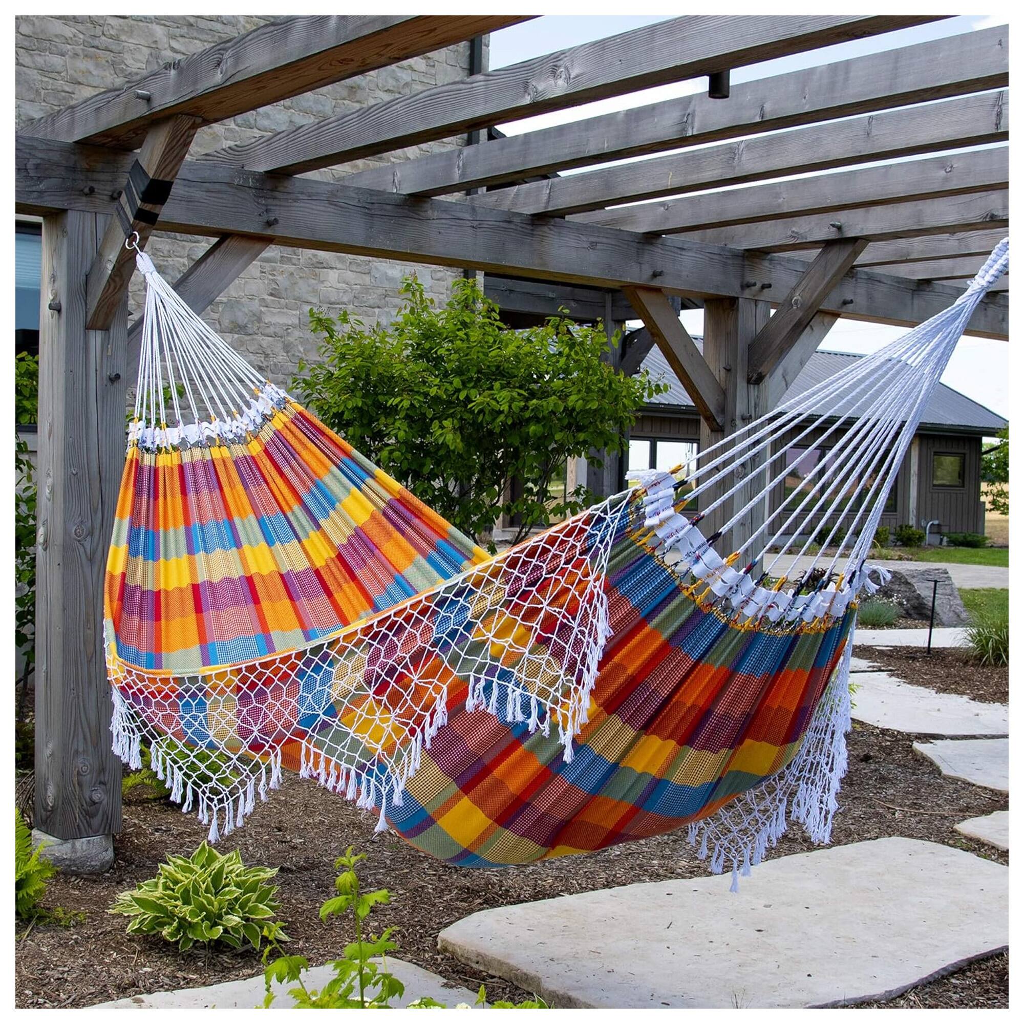 Alt View 10. Vivere - Vivere Authentic Brazilian Cotton Hammock, Outdoor Hanging Daybed, Carnival - Carnival.