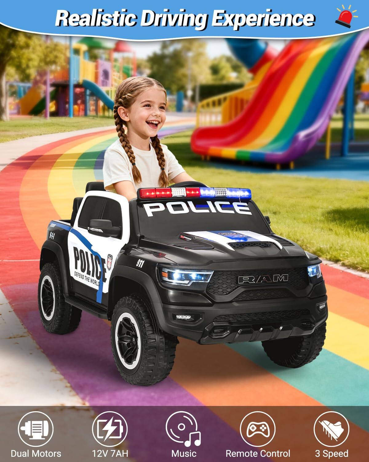 Realistic Driving Experience

POLICE  
DEFEND THE WORLD

Dual Motors  
12V 7AH  
Music  
Remote Control  
3 Speed