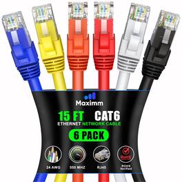 Maximm - Cat 6 Ethernet Cable 15 ft (6-Pack) - UTP, 10Gbps, 550MHz