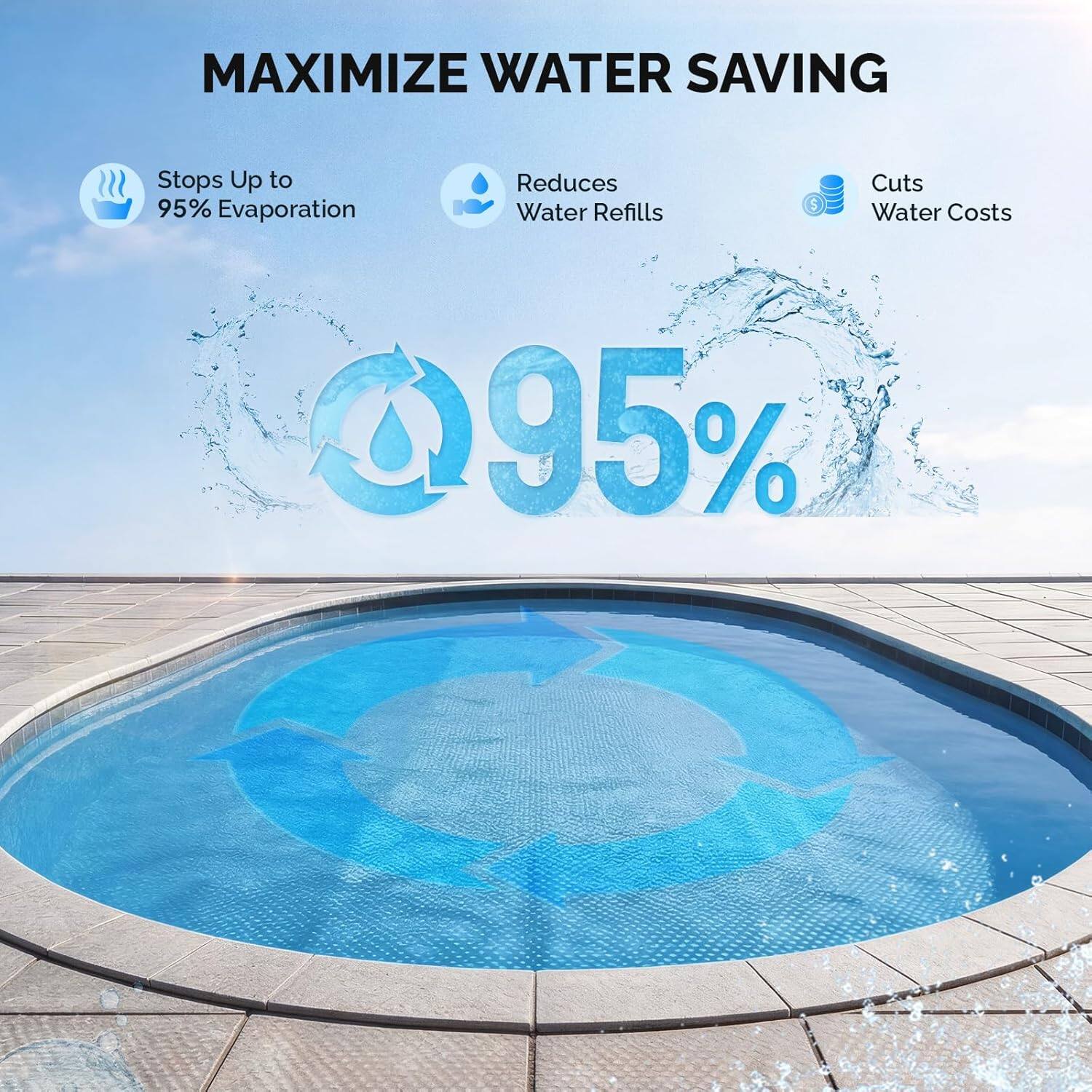 MAXIMIZE WATER SAVING  
- Stops Up to 95% Evaporation  
- Reduces Water Refills  
- Cuts Water Costs 95%