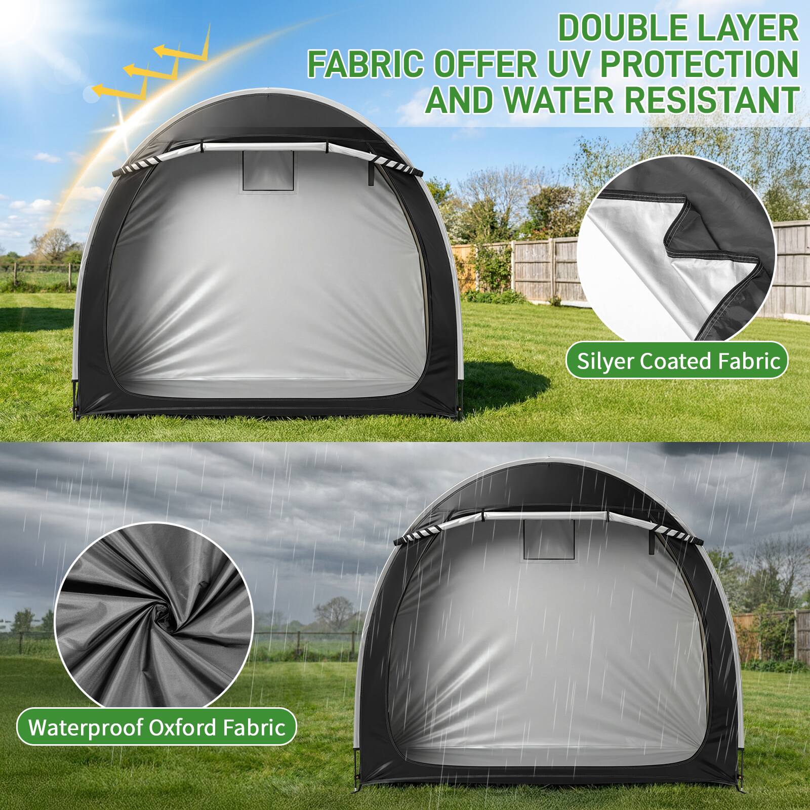 DOUBLE LAYER FABRIC OFFER UV PROTECTION AND WATER RESISTANT  
Silyer Coated Fabric  
Waterproof Oxford Fabric