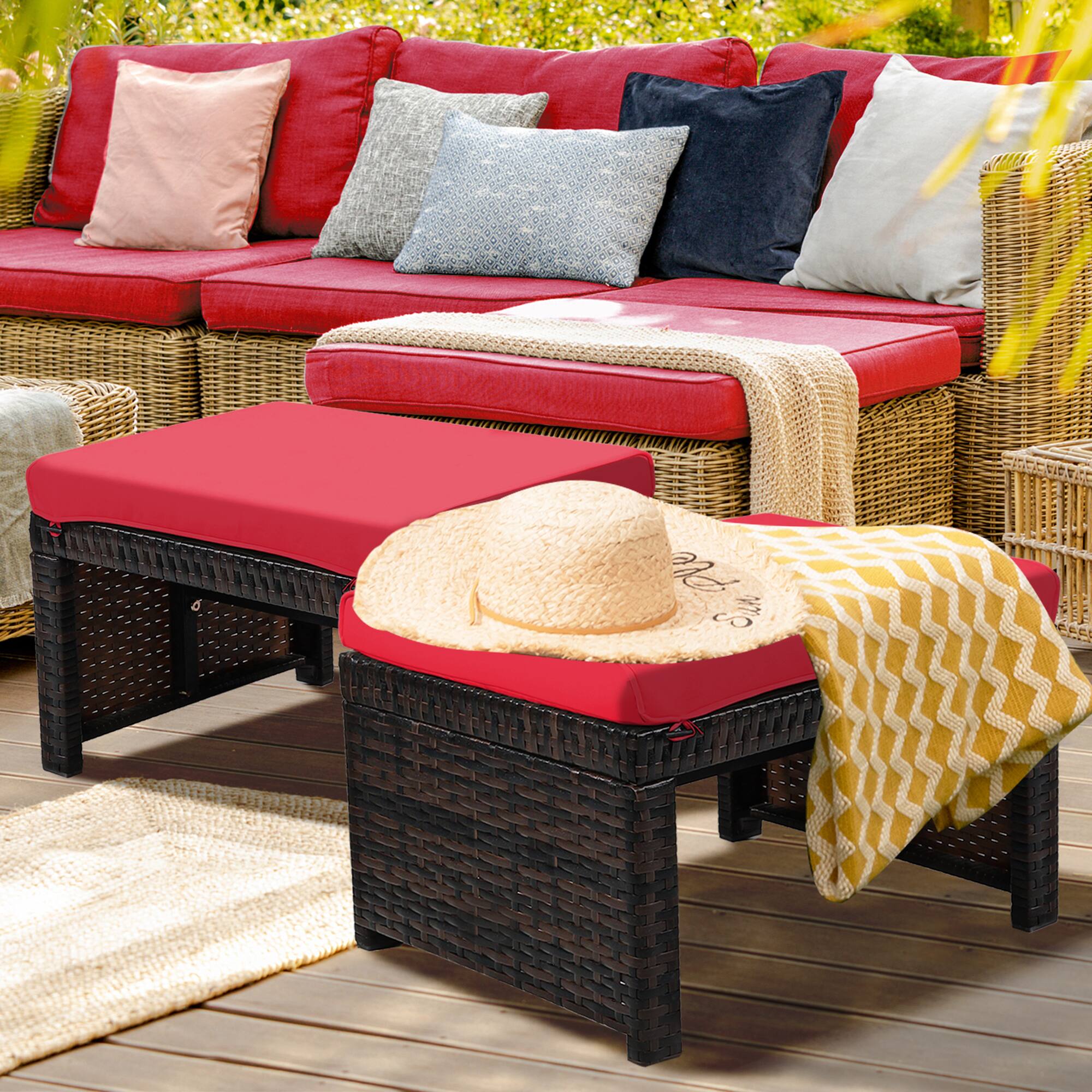 Alt View 3. Gymax - Gymax Set of 2 Rattan Ottoman Footrest Footstool Patio Furniture w/ Red Cushion - Red.