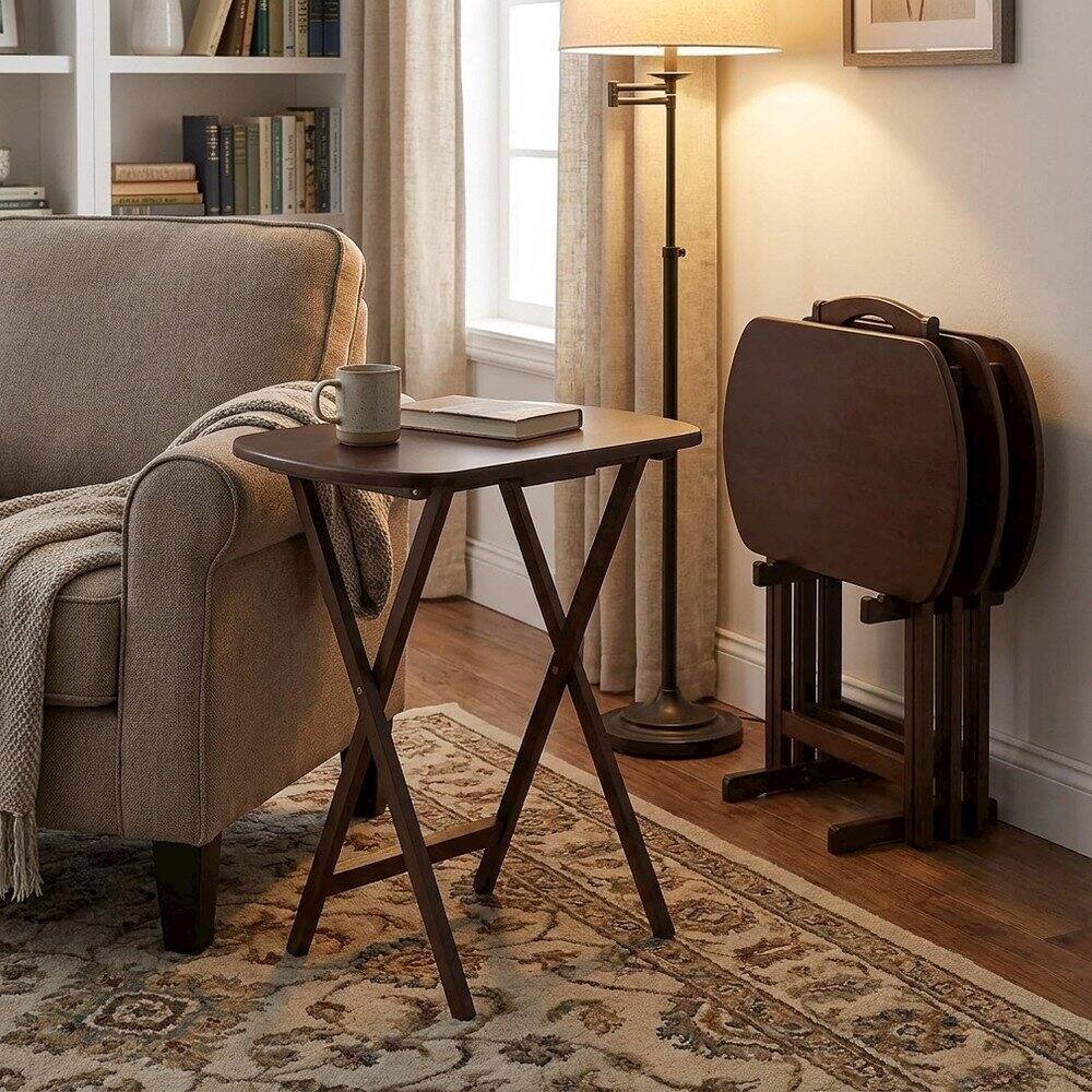 Alt View 6. FurniFact - Antique Walnut 5 Piece TV Snack Trays Set And Storage Stand - Walnut.