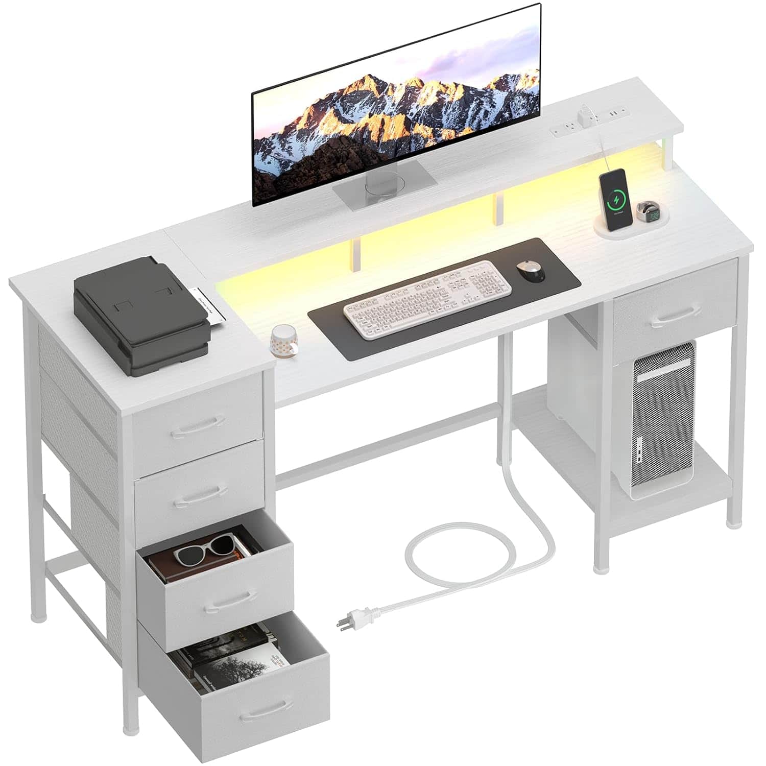 Zell Electronics - 47 Inch Gaming DeskLED, Power Outlets, Reversible with 5 Fabric Drawers for Study - White Oak