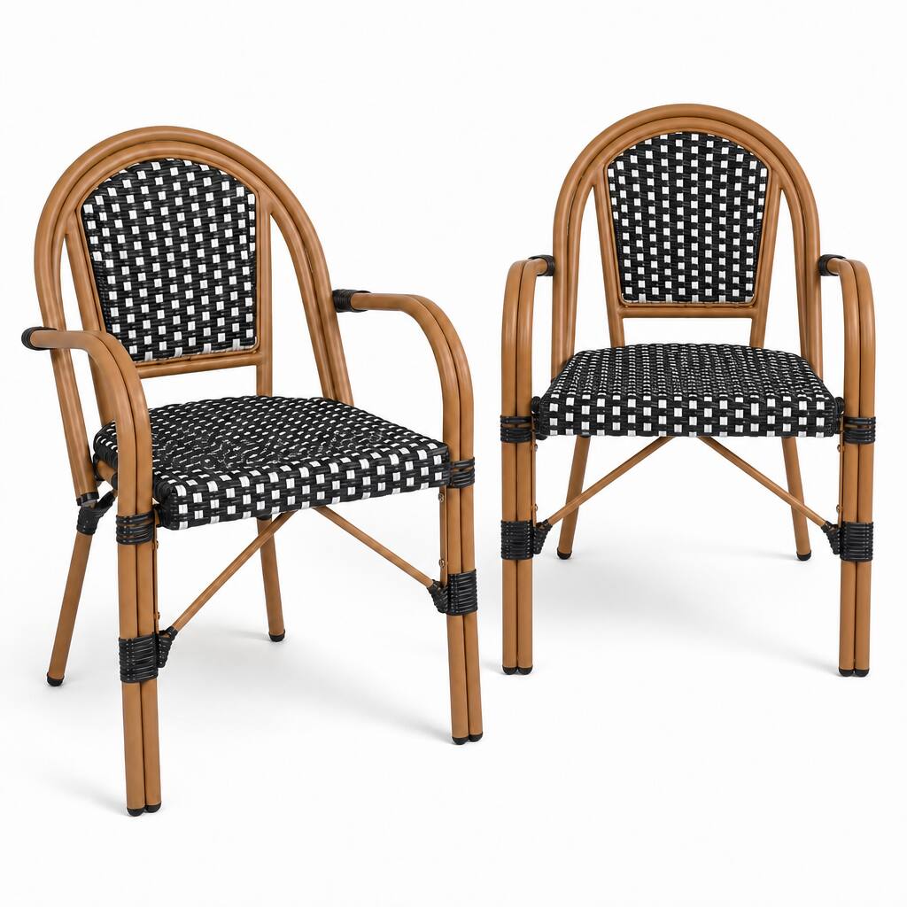 Alt View 6. Gymax - Gymax Outdoor French Bistro Chairs 2 PCS w/ Armrests Galvanized Metal Frame Black & White - Black, White.