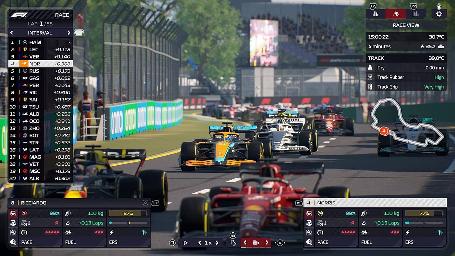 L2 R2 1 2 3 4 5 6 7 8 9 10 11 12 13 14 15 16 17 18 19 20

RACE LAP 1/58

INTERVAL

1 HAM +0.118
2 LEC +0.140
3 VER +0.368
4 RUS +0.173
5 GAS +0.059
6 PER +0.143
7 RIC +0.300
8 SAI +0.187
9 TSU +0.437
10 ALO +0.236
11 OCO +0.341
12 ZHO +0.264
13 BOT +0.281
14 STR +0.322
15 LAT +0.296
16 MAG +0.181
17 VET +0.301
18 MSC +0.173
19 ALB +0.
