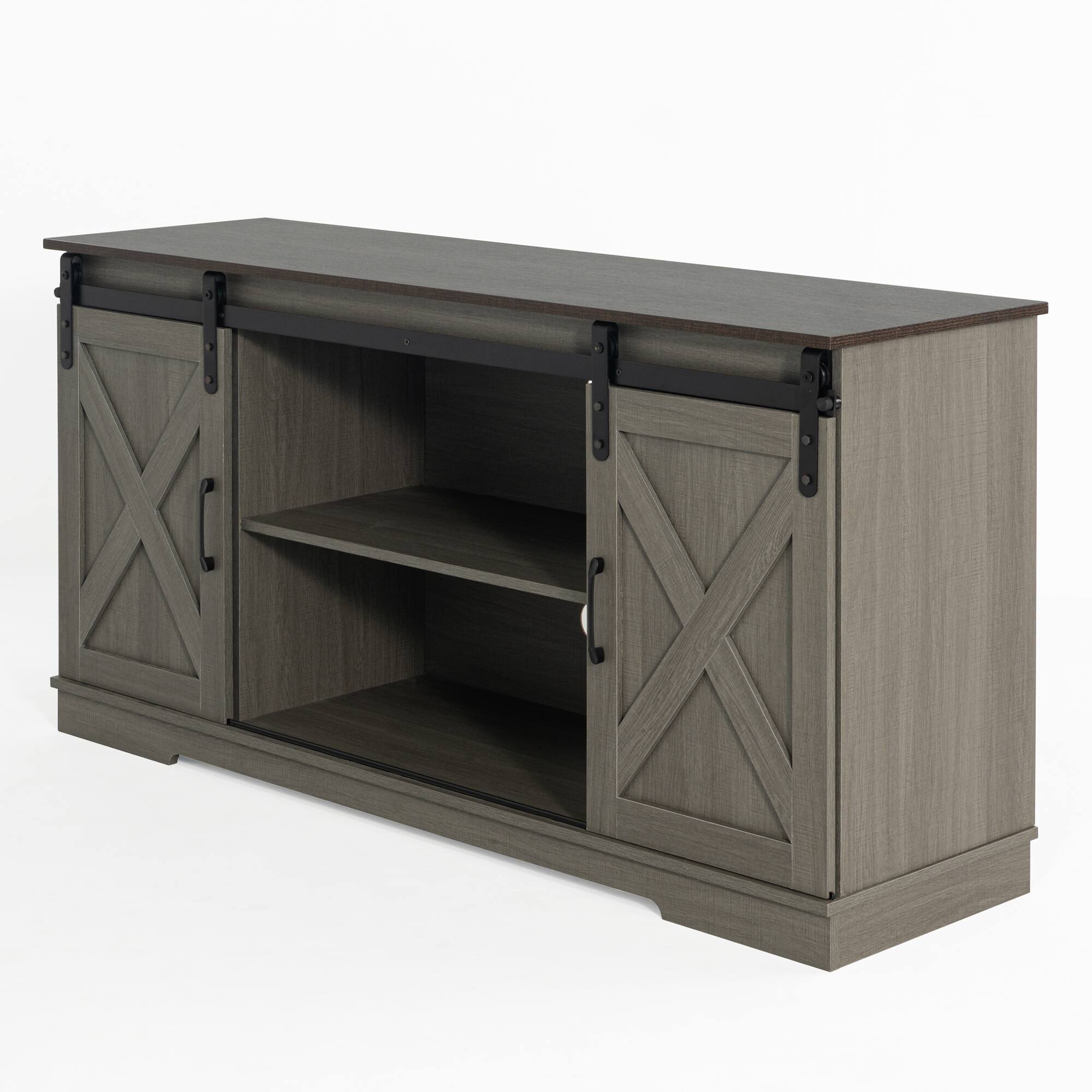 Angle. Vaczon - 56" Farmhouse Tv Stand with Storage and Sliding Barn Doors, Media TV Stand Table for Living Room, Bedroom - Gray.
