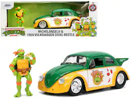 Jada - 1959 Volkswagen Drag Beetle Green Yellow w/ Michelangelo Figure Teenage Mutant Ninja Turtles Hollywood Rides 1/24 - Green And Yellow