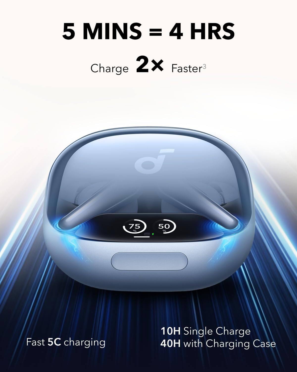 5 MINS = 4 HRS  
Charge 2x Faster³  

Fast 5C charging  

10H Single Charge  
40H with Charging Case