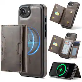 Dteck - 2-in-1 Magnetic Wallet Case for Apple iPhone 17e & 16e,Removable RFID PU Leather Card Holder,Shockproof Mag Safe Cover - Coffee