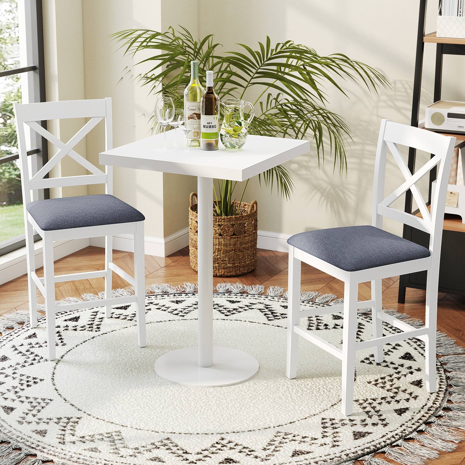 Alt View 1. Costway - Costway Rubber Wood X-Back Bar Stools Set of 4 with Upholstered Cushioned Seats & Footrests - White and Gray.