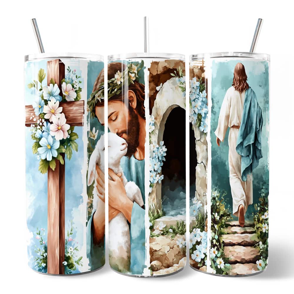 Photos - Water Bottle Risen OrnamentallyYou - Jesus has  20oz Tumbler With Stainless Steel Straw, Easter Blue Brushstrokes Spring Gift Cup - Multic 