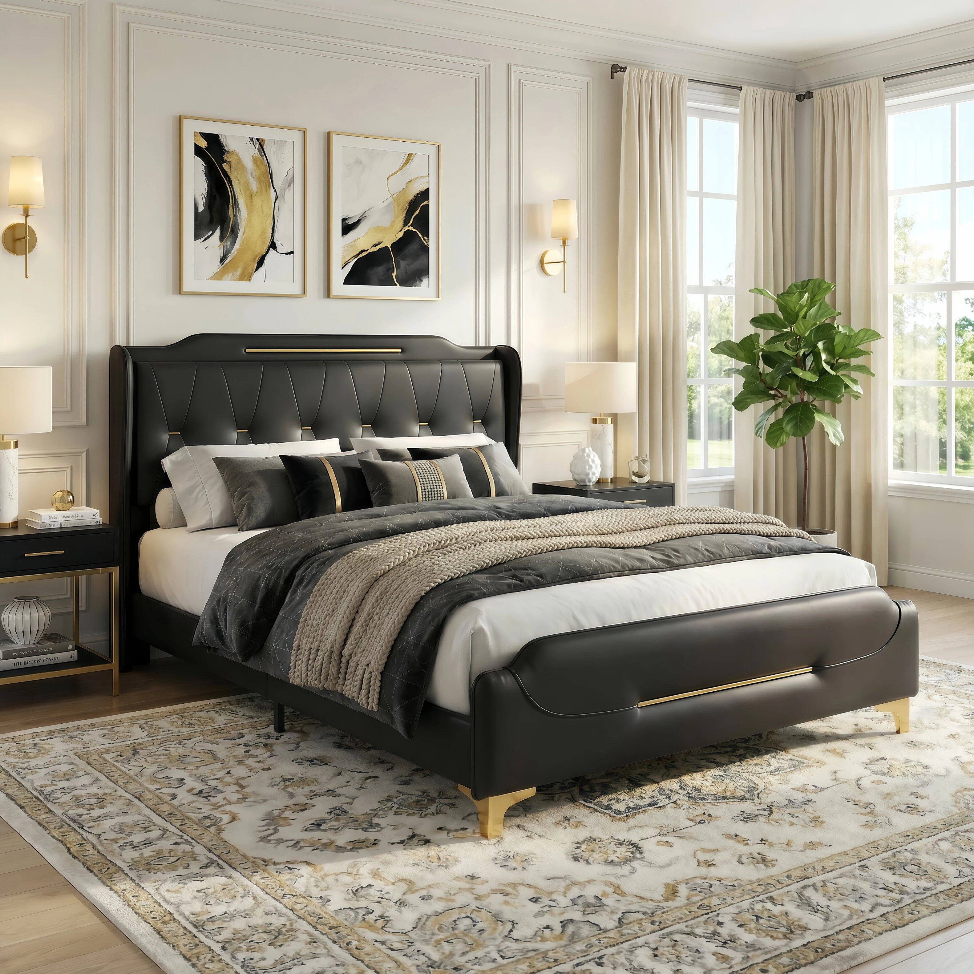 Angle. LUCKY ONE - Queen Size PU Leather Upholstered Bed Frame with Wingback Headboard - Black.