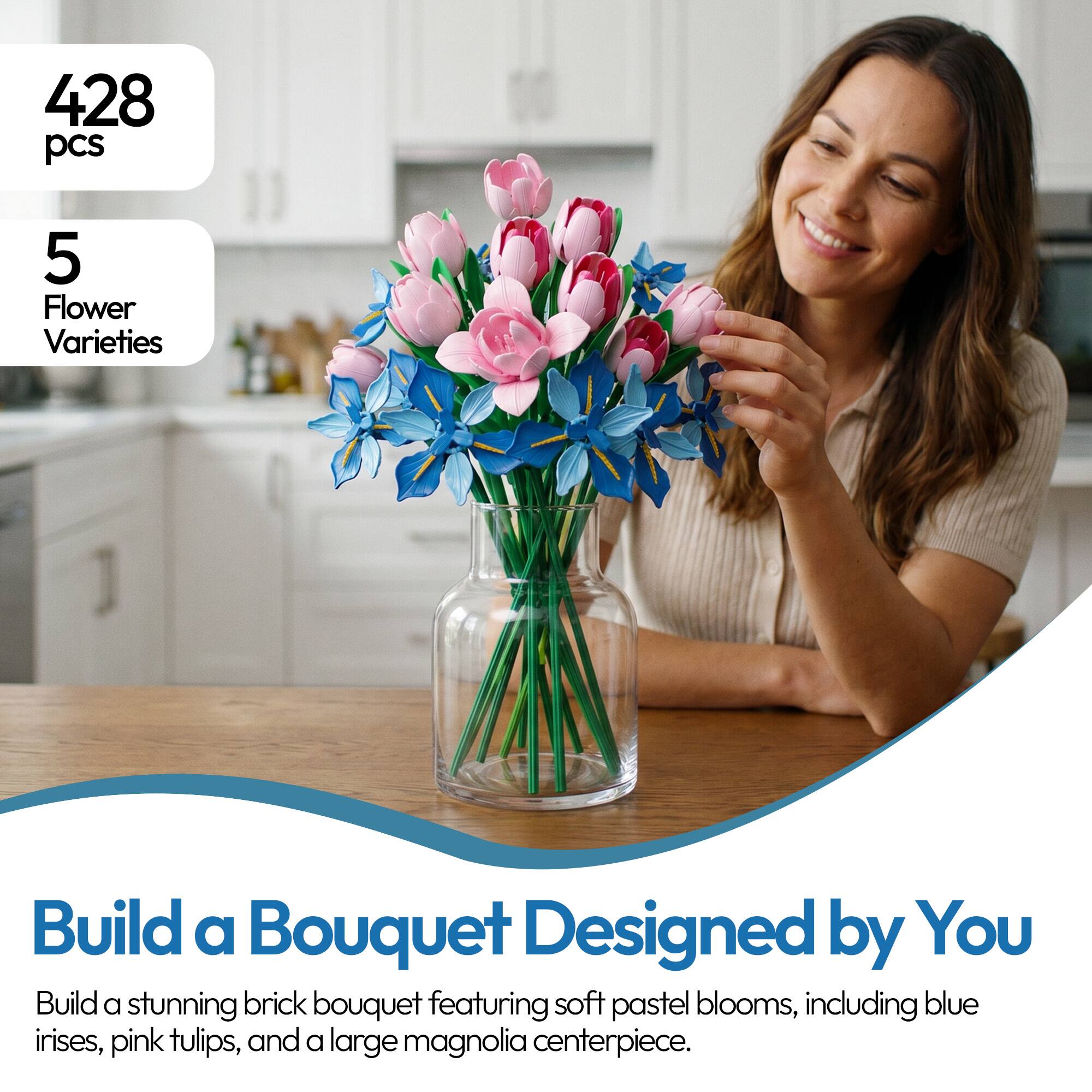 428 pcs  
5 Flower Varieties  

Build a Bouquet Designed by You  

Build a stunning brick bouquet featuring soft pastel blooms, including blue irises, pink tulips, and a large magnolia centerpiece.