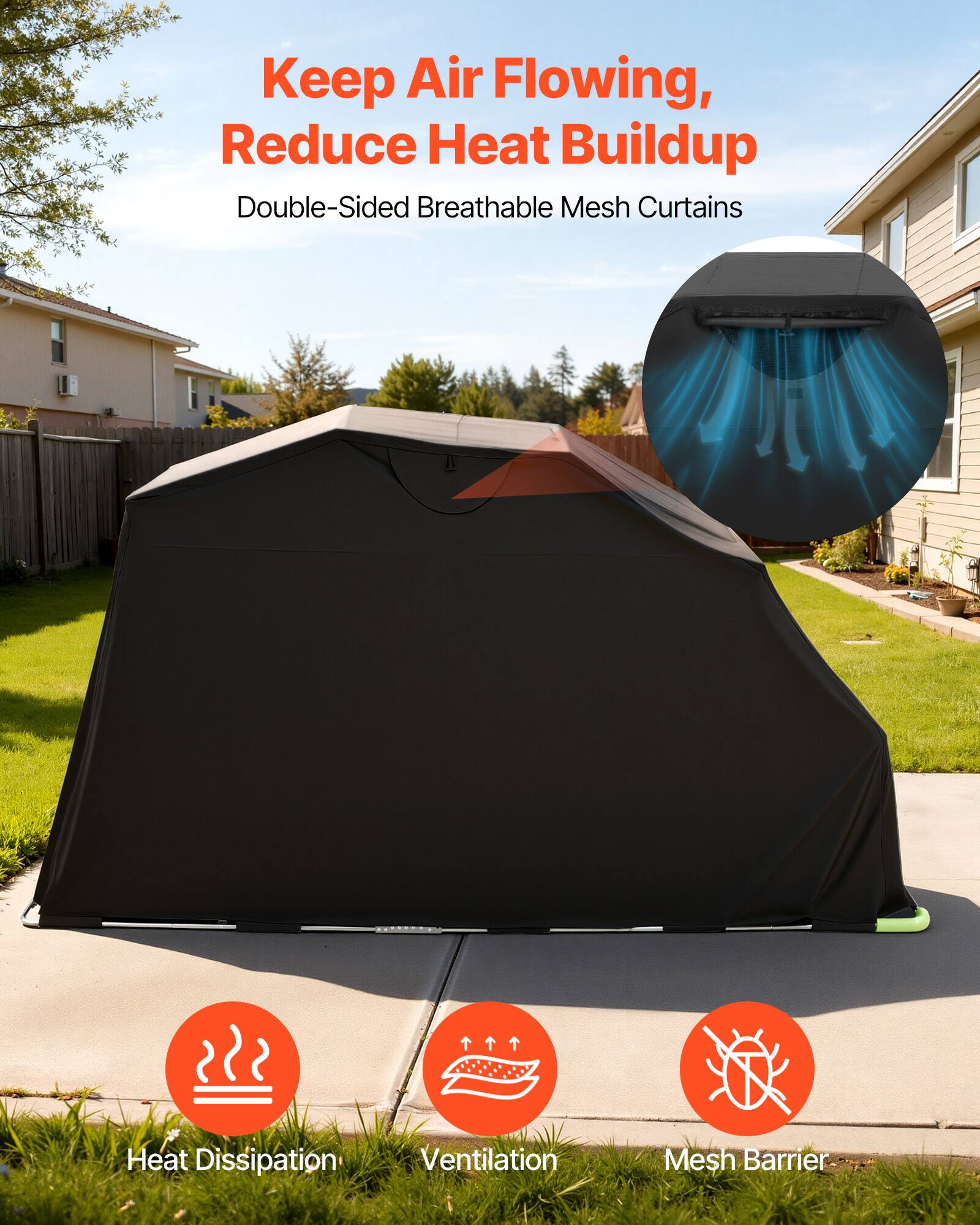 Keep Air Flowing, Reduce Heat Buildup

Double-Sided Breathable Mesh Curtains

Heat Dissipation  
Ventilation  
Mesh Barrier