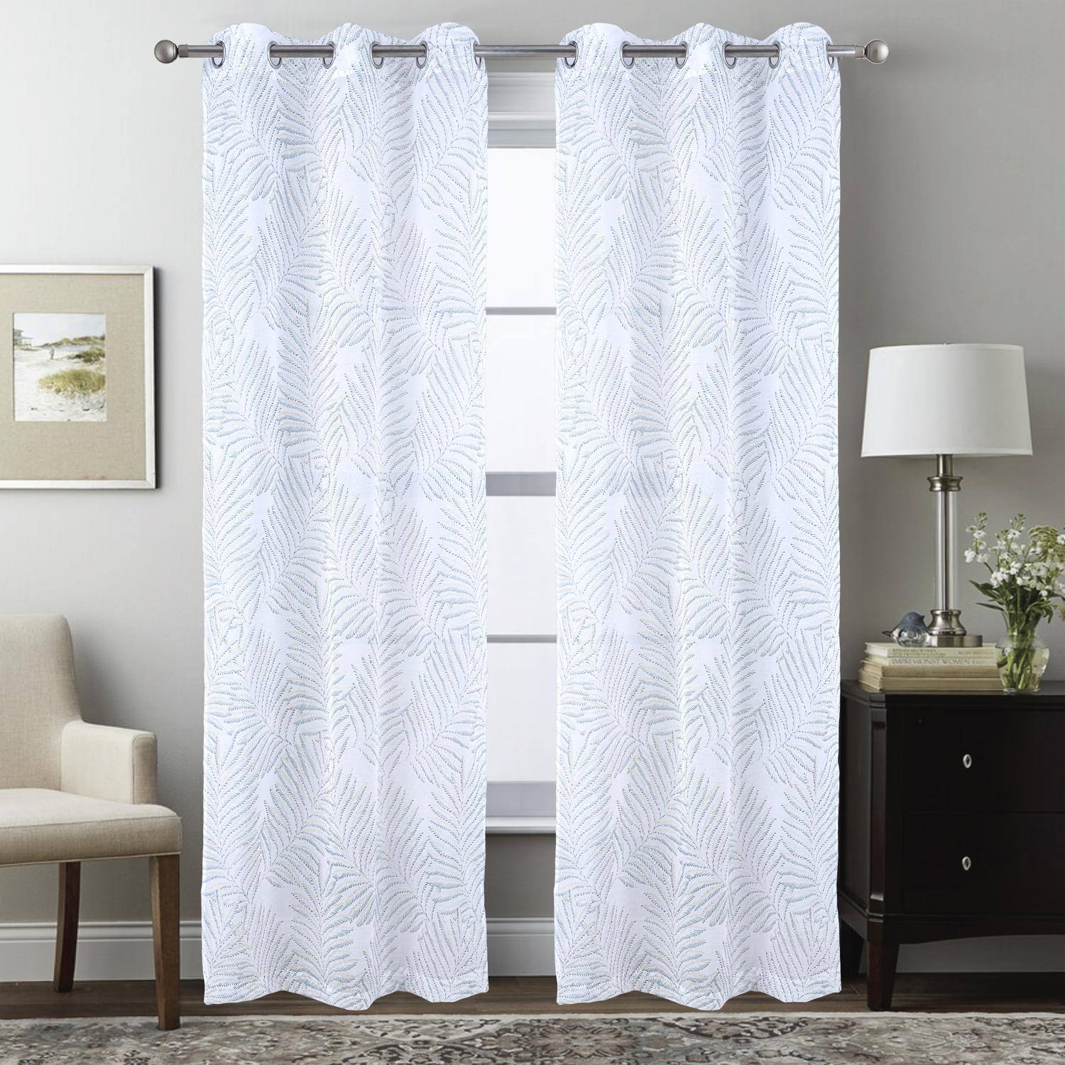 Angle. RT Designers Collection - RT Designers Collection Faye Grommet Metallic Sheer Printed Doily Curtain Panel 54" x 84" Sage - Sage.