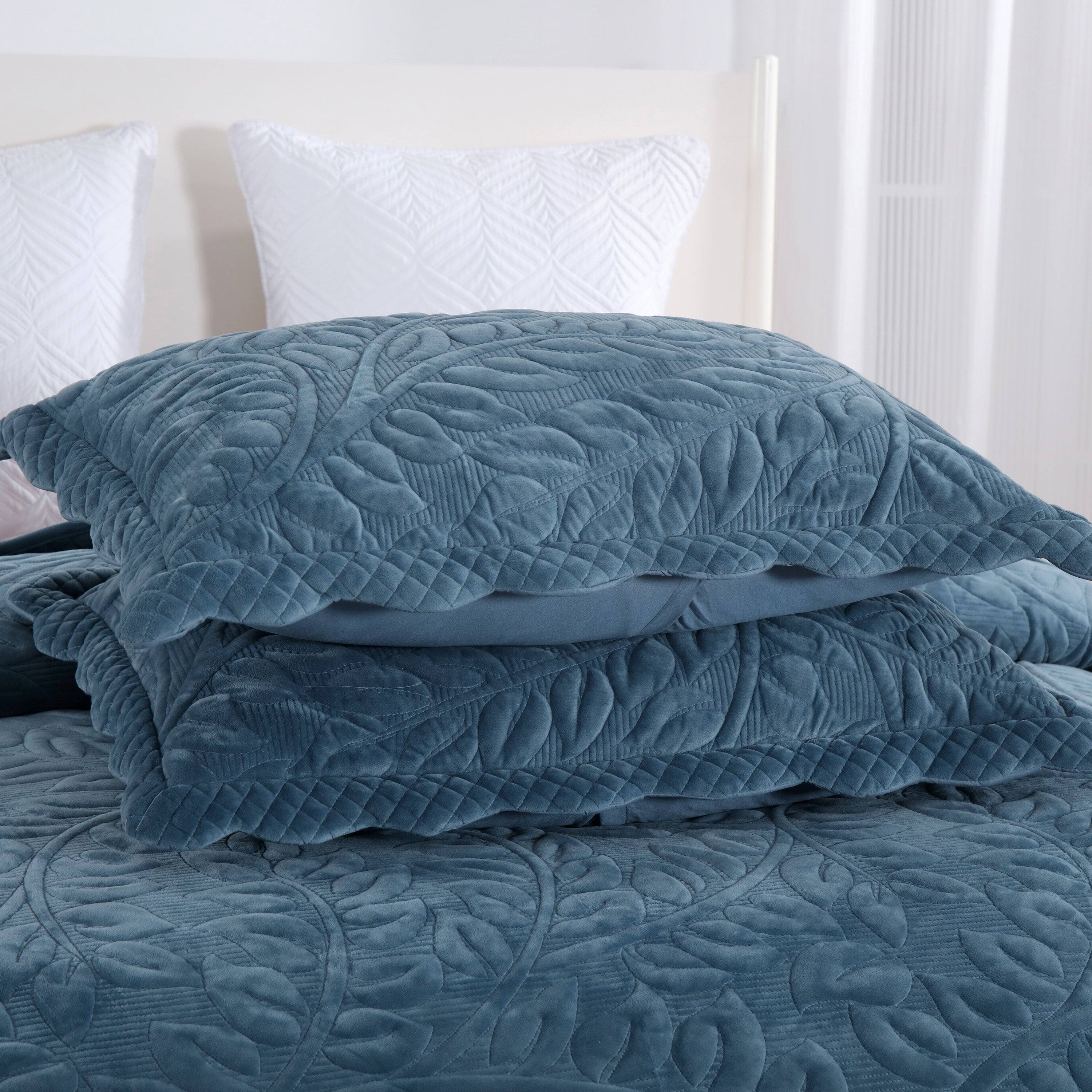 Alt View 1. MarCielo - Marcielo 3Pc Luxury Velvet Oversized Embroidery Soft and Plush Quilt Set - Elegant Blue.