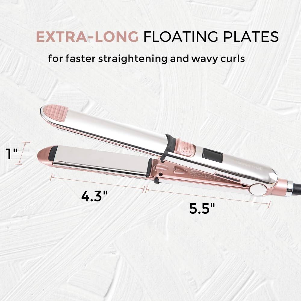 EXTRA-LONG FLOATING PLATES  
for faster straightening and wavy curls  

1"  
4.3"  
5.5"