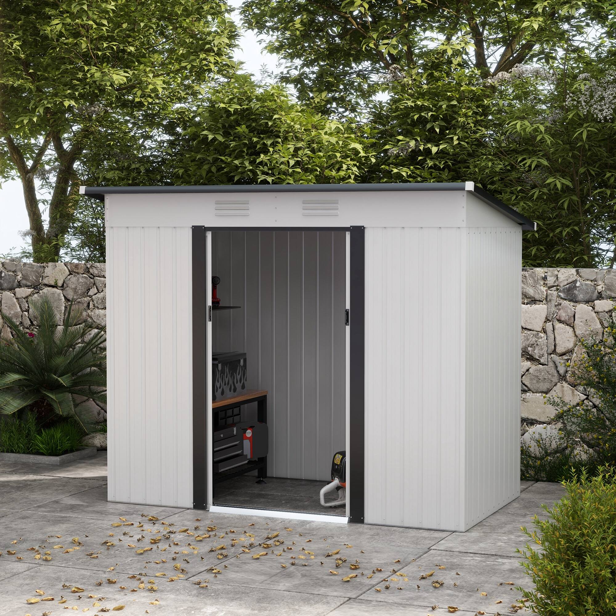 Alt View 1. Outsunny - 8' x 4' Metal Lean to Garden Shed, Outdoor Storage Shed, Garden Tool House with Double Sliding Doors.