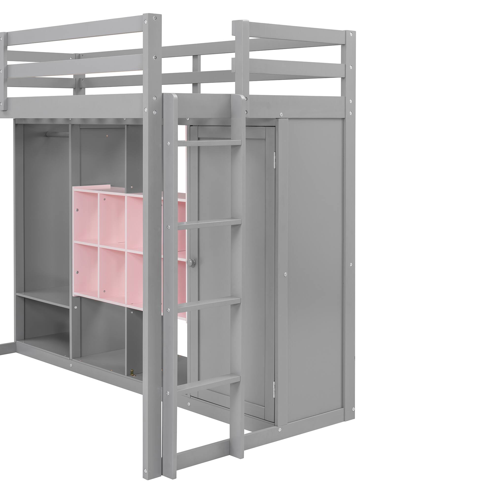 Alt View 4. Anysun - Twin Size Wood Loft Bed with Wardrobe, shelves and Cabinet - Gray.