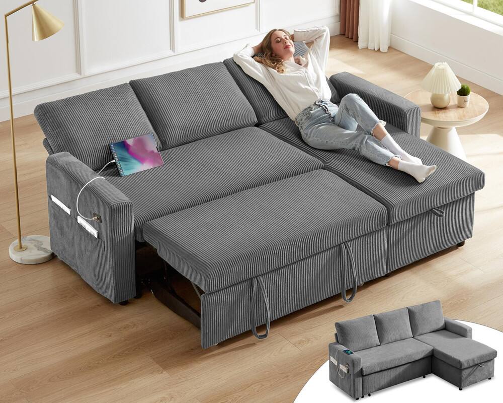 Alt View 4. Vipbear - Vipbear 81" Sleeper Sofa Bed with Pull Out Bed L Shaped Sectional Sleeper Sofa, Tool-Free Assembly,Corduroy Dark Gray - Gray.