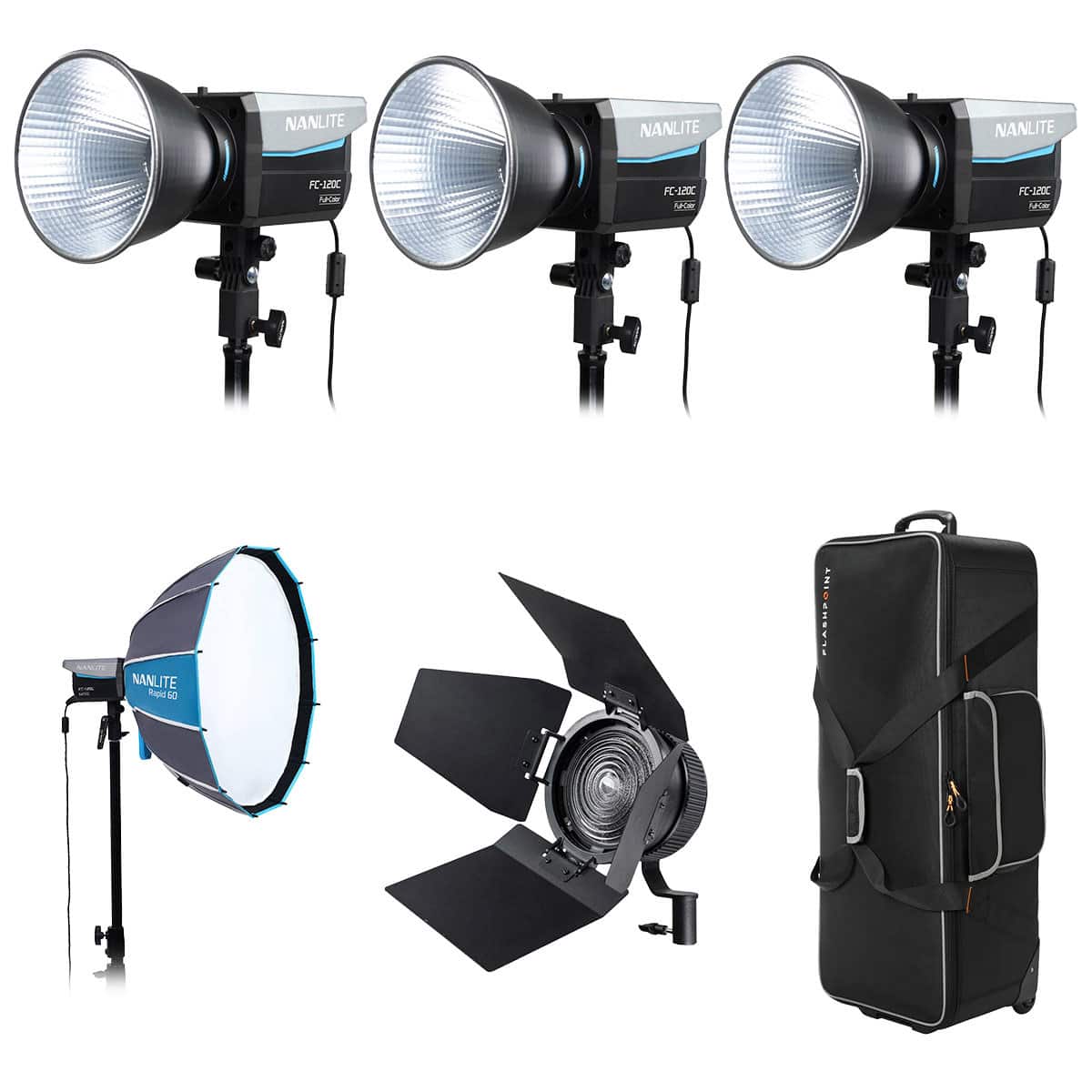 NANLITE - FC-120C 120W Full-Color RGBW LED 3-Light Kit, Bundle with Rapid 60 Softbox, FL-11 Fresnel Lens and CB-06 Wheeled price history on PriceWatchPro