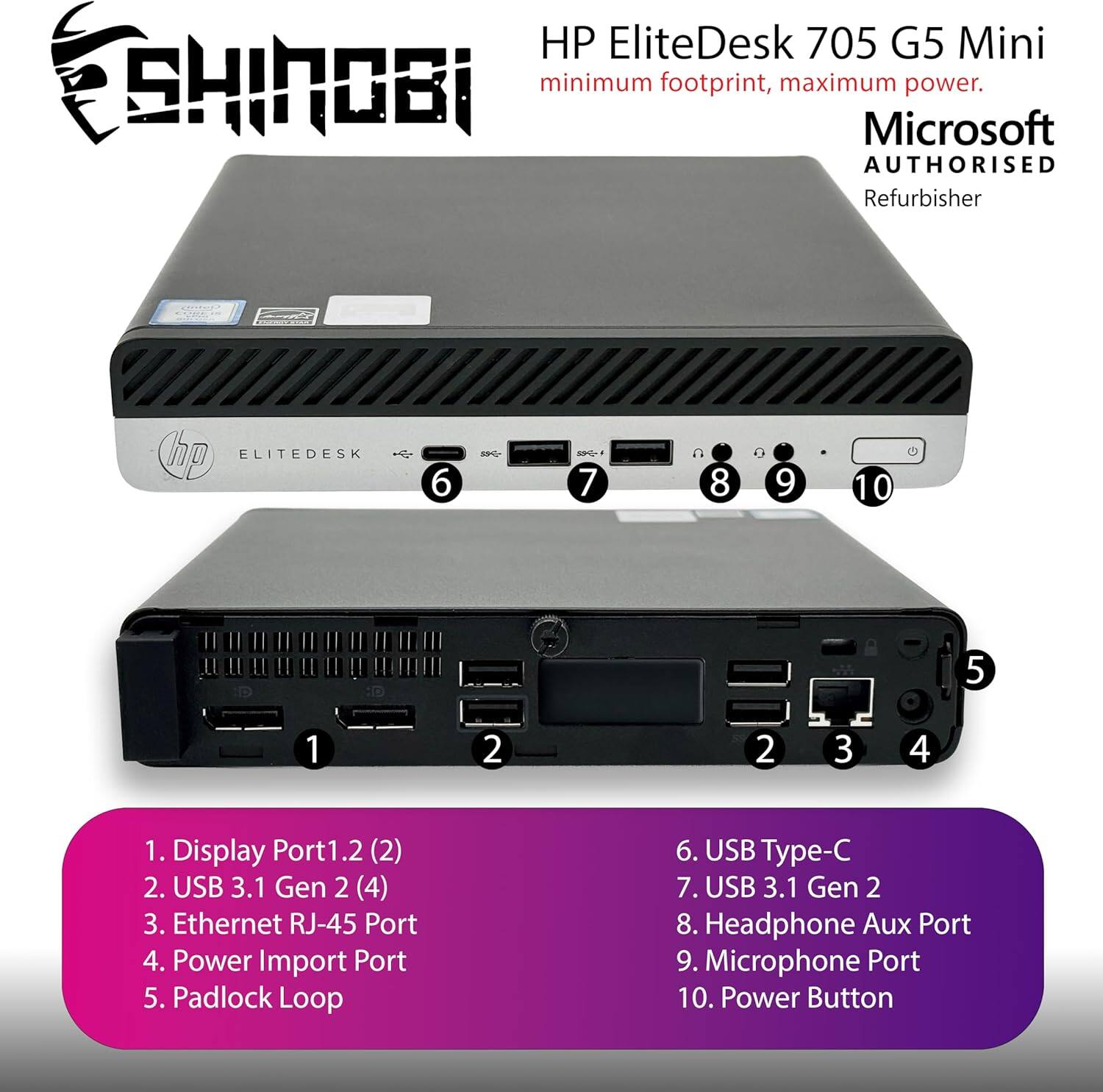 HP EliteDesk 705 G5 Mini SHINOBI  
minimum footprint, maximum power.  
Microsoft AUTHORISED Refurbisher  

1. Display Port1.2 (2)  
2. USB 3.1 Gen 2 (4)  
3. Ethernet RJ-45 Port  
4. Power Import Port  
5. Padlock Loop  
6. USB Type-C  
7. USB 3.1 Gen 2  
8. Headphone Aux Port  
9. Microphone Port  
10. Power Button