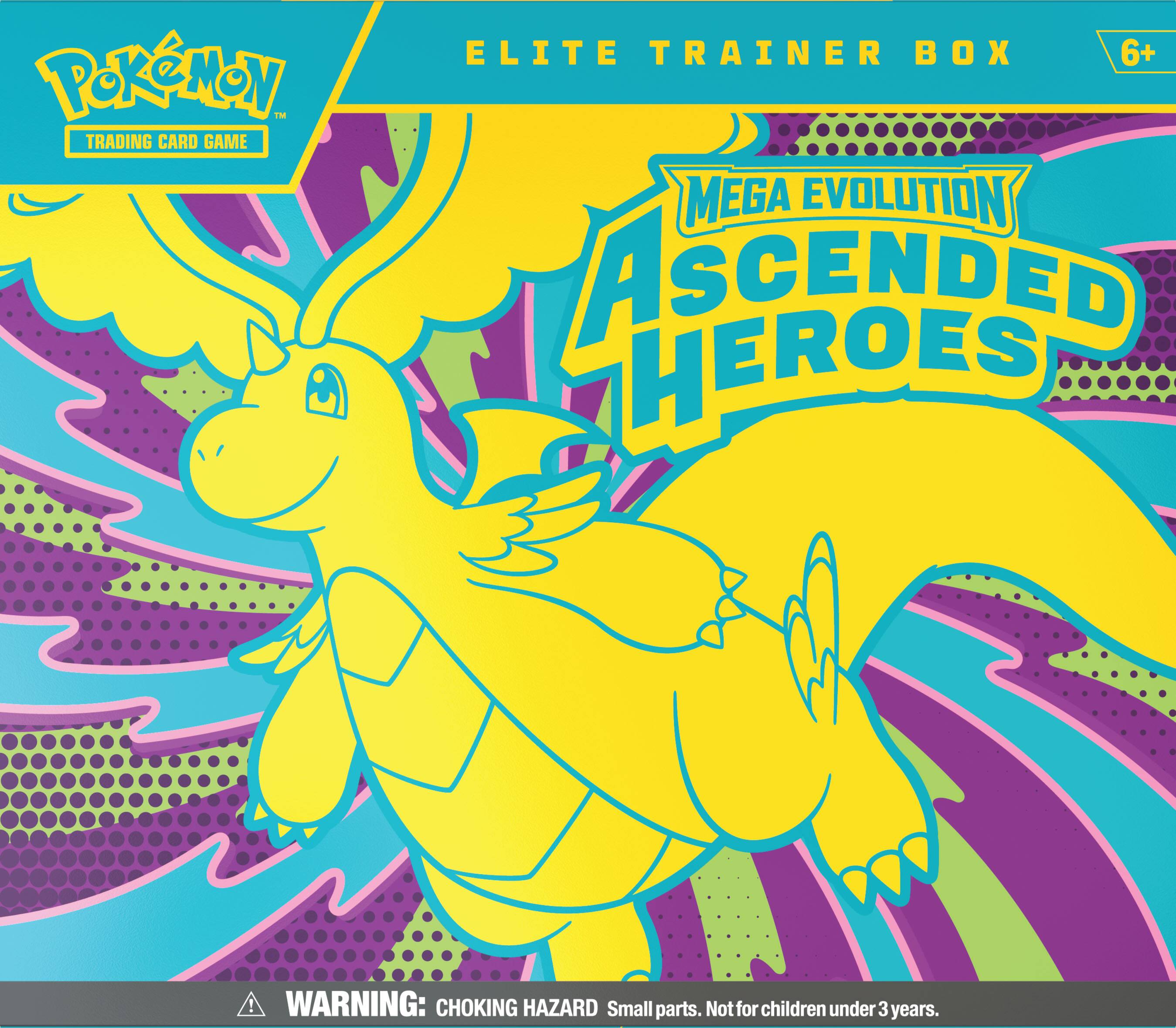 Pokémon Trading Card Game  
Elite Trainer Box  
6+  
Mega Evolution Ascended Heroes  

Warning: Choking Hazard. Small parts. Not for children under 3 years.