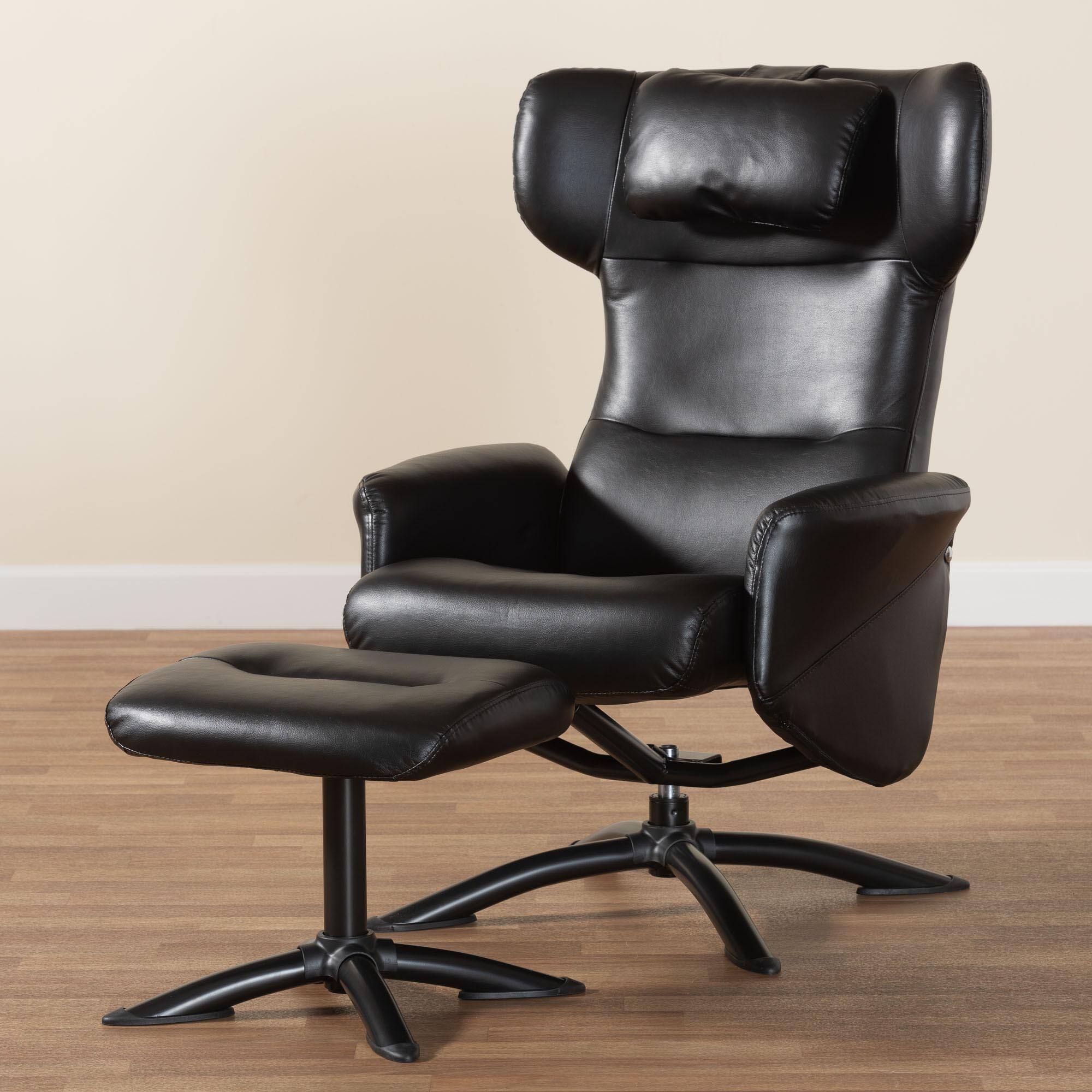 Alt View 9. Baxton Studio - Elwood Modern Faux Leather 2-Piece Lounge Chair and Footrest Set - Black.