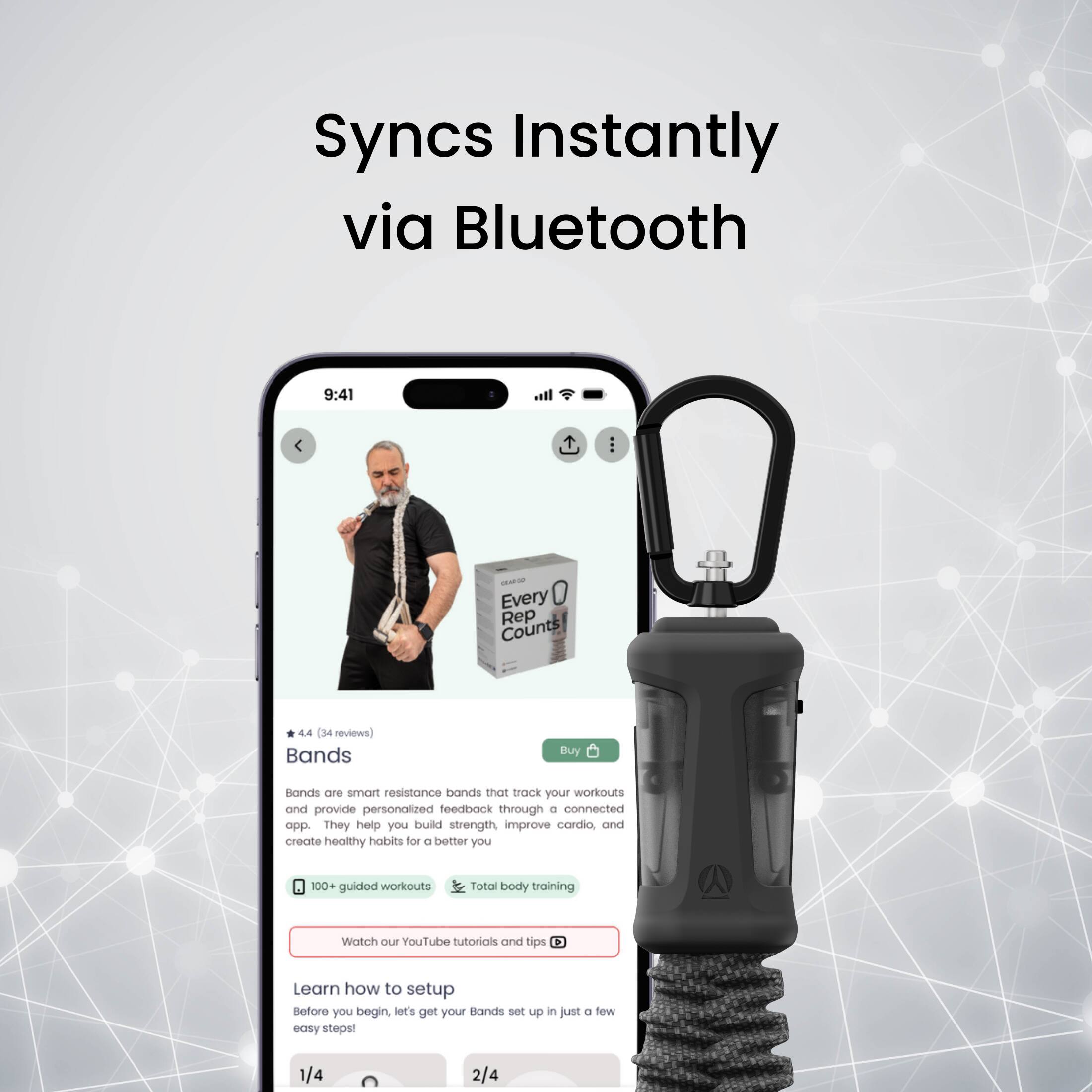 Syncs Instantly via Bluetooth

Every Rep Counts  
4.4 (34 reviews)

Bands

Bands are smart resistance bands that track your workouts and provide personalized feedback through a connected app. They help you build strength, improve cardio, and create healthy habits for a better you.

100+ guided workouts  
Total body training

Watch our YouTube tutorials and tips

Learn how to setup  
Before you begin, let's get your Bands set up in just a few easy steps!

1/4 2/4