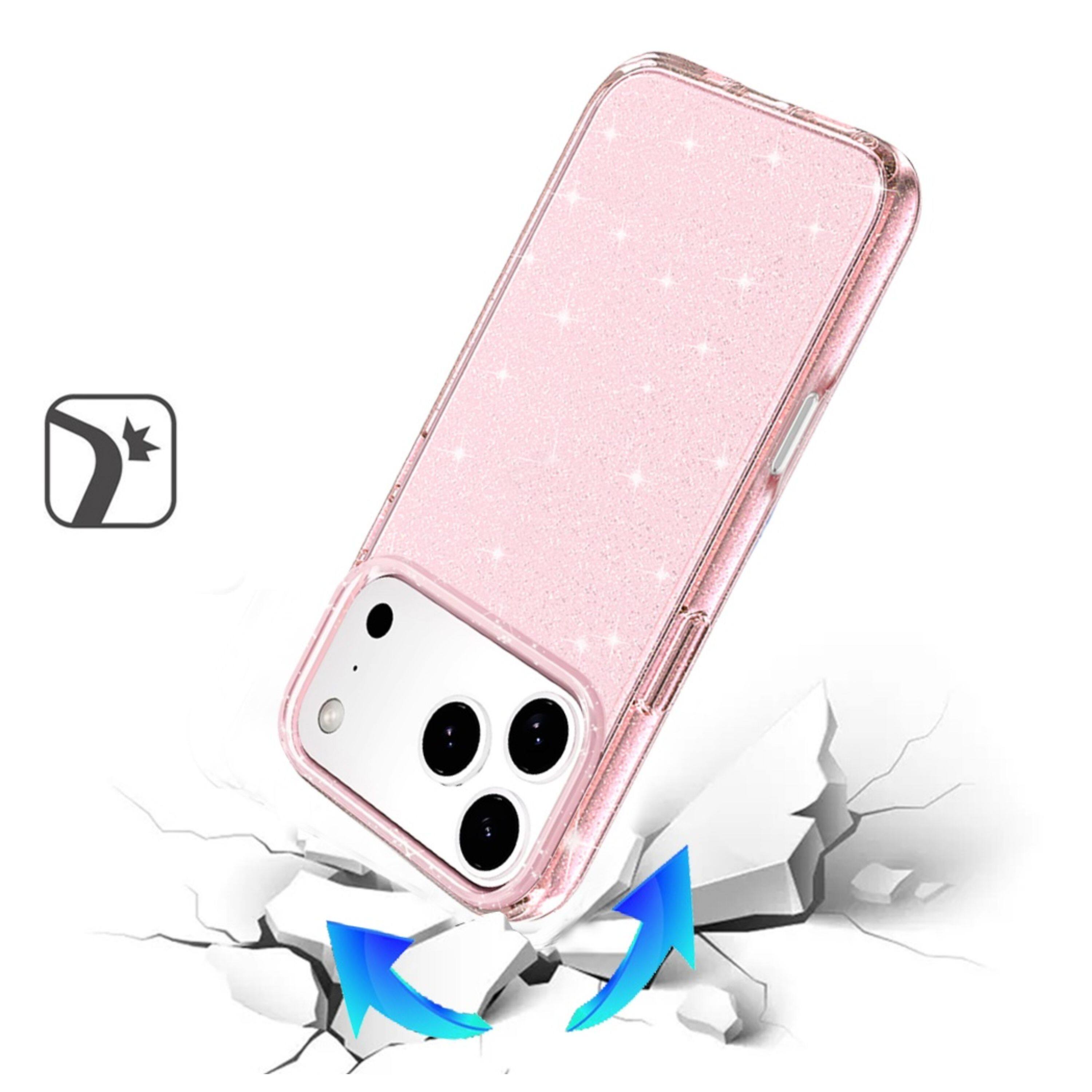 Angle. Kitcheniva - Translucent Glitter 3mm Thick Phone Case With Tempered Glass For iPhone 17 Pro Pink - Pink.