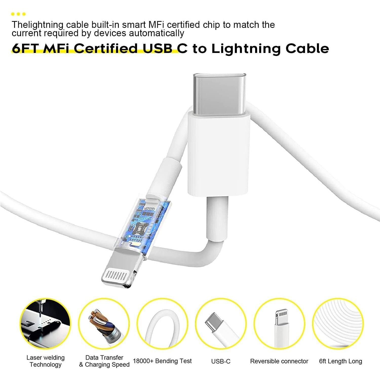 The lightning cable built-in smart MFi certified chip to match the current required by devices automatically

6FT MFi Certified USB C to Lightning Cable

- Laser welding Technology
- Data Transfer & Charging Speed
- 18000+ Bending Test
- USB-C
- Reversible connector
- 6ft Length Long