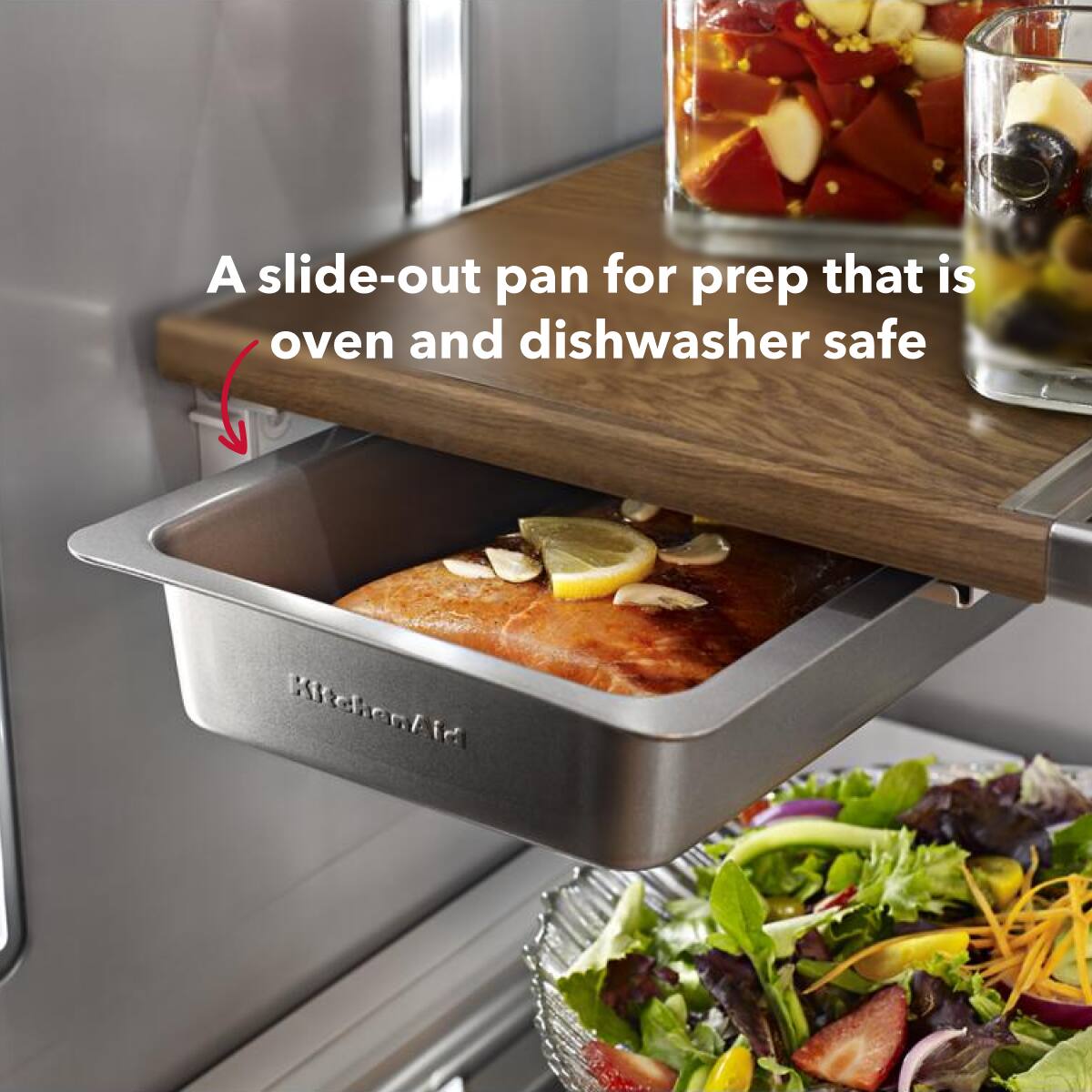 A slide-out pan for prep that is oven and dishwasher safe