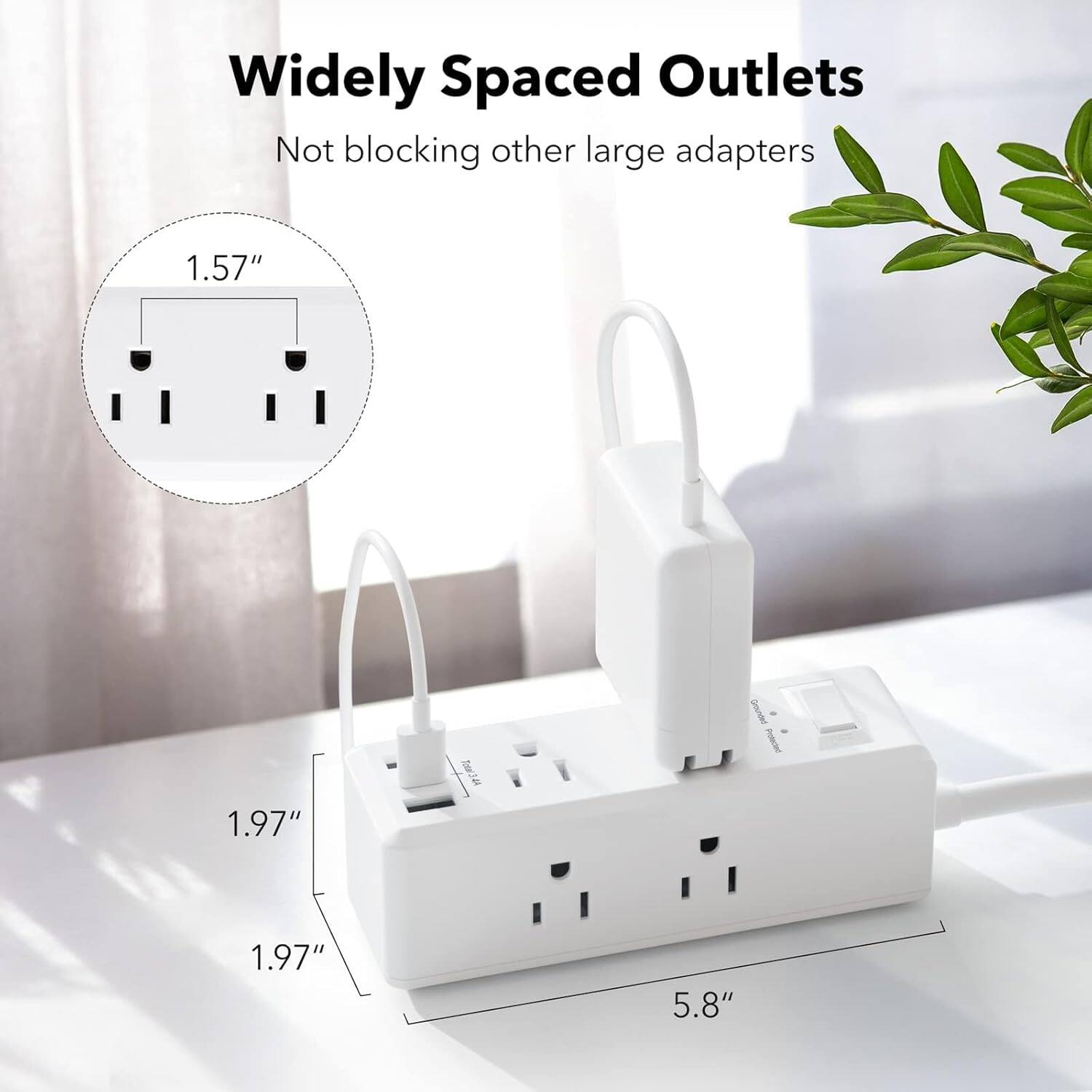 Widely Spaced Outlets  
Not blocking other large adapters  

1.57"  
1.97"  
1.97"  
5.8"