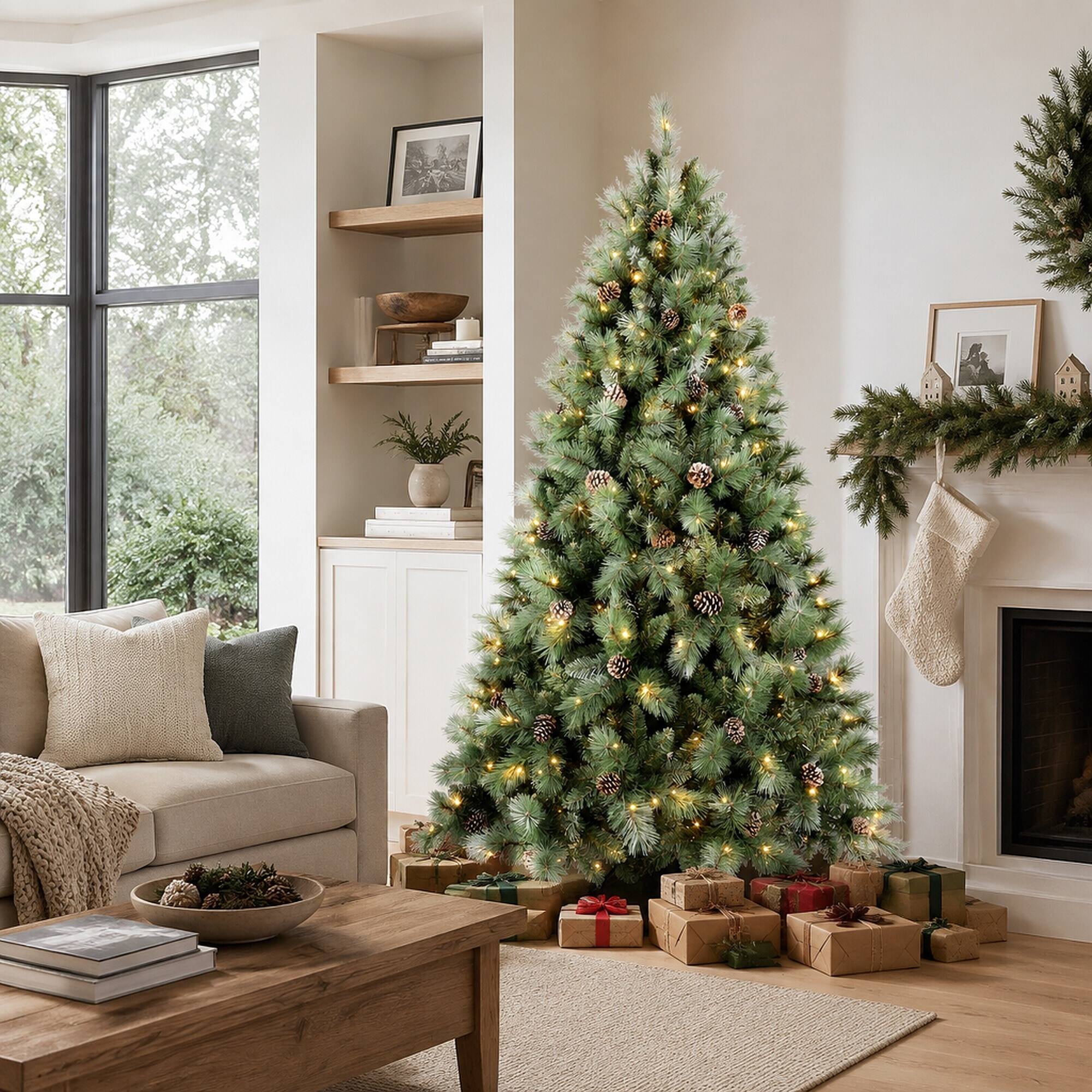 Back. RYHNUYNE - 8FT Pre-Lit Christmas Tree, 550 Warm White LED Lights 1858 PVC Hard Needle Tips 102 Pine Cones Hinged Branch Metal Stand - Green.