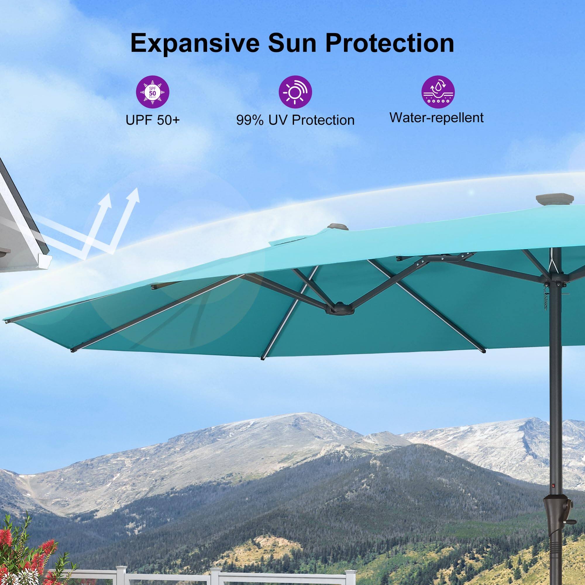 Expansive Sun Protection

- UPF 50+
- 99% UV Protection
- Water-repellent
