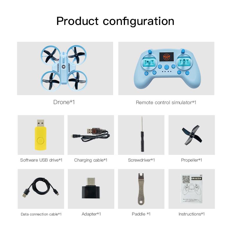 Product configuration

- Drone*1
- Remote control simulator*1
- Software USB drive*1
- Charging cable*1
- Screwdriver*1
- Propeller*1
- Data connection cable*1
- Adapter*1
- Paddle *1
- Instructions*1