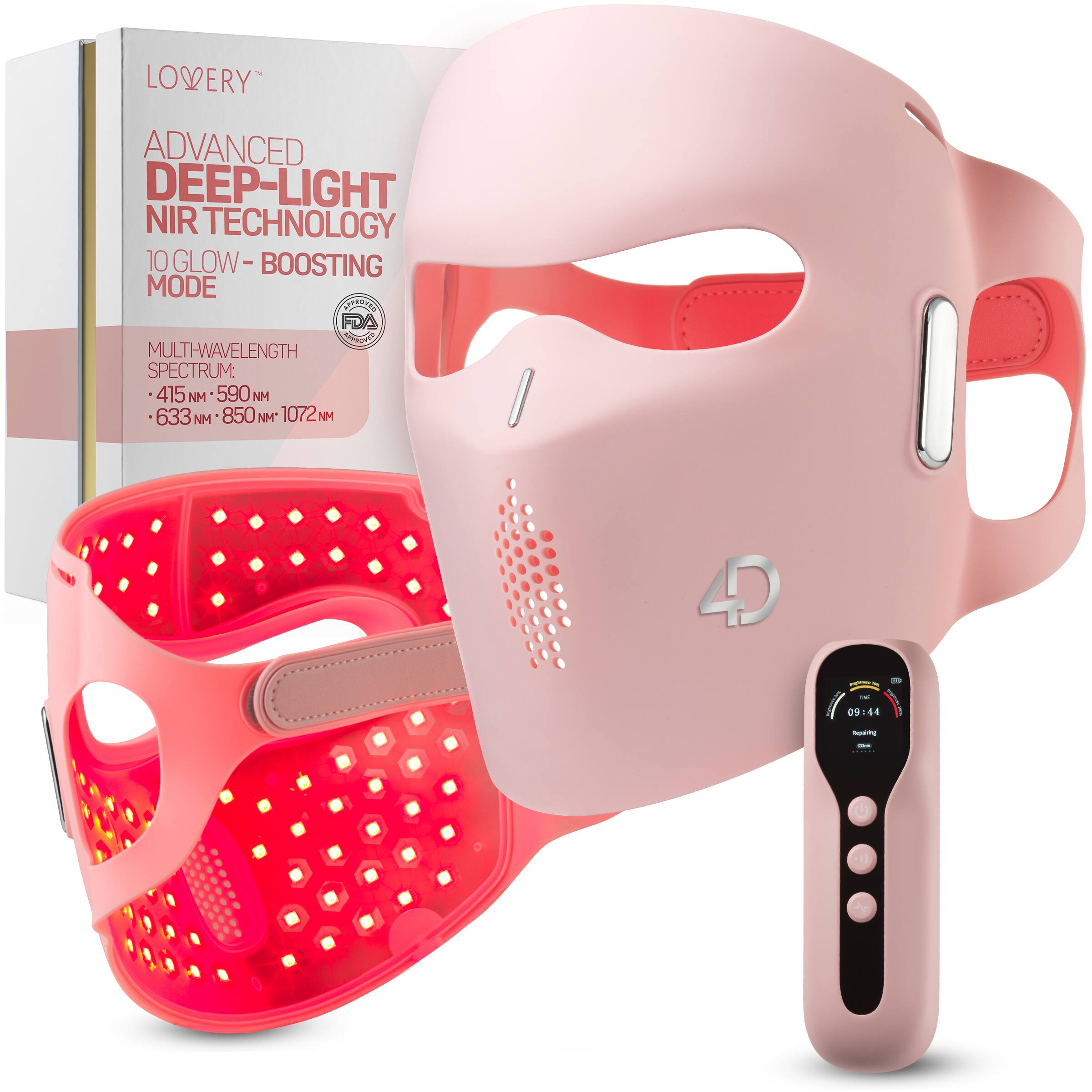 LOVQERY™  
ADVANCED DEEP-LIGHT NIR TECHNOLOGY  
10 GLOW - BOOSTING MODE  

MULTI-WAVELENGTH SPECTRUM:  
- 415 NM  
- 590 NM  
- 633 NM  
- 850 NM  
- 1072 NM  

FDA APPROVED  

MODEL: Ds - I 09144